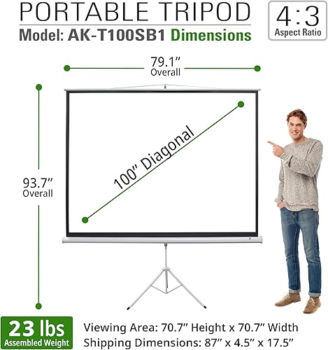 Miniatura 4 de Akia Screens Pantalla de proyector de 100 pulgadas con soporte 169 HD 1.1 ángulo de visión de 180, pantalla de trípode sin arrugas, soporte plegable