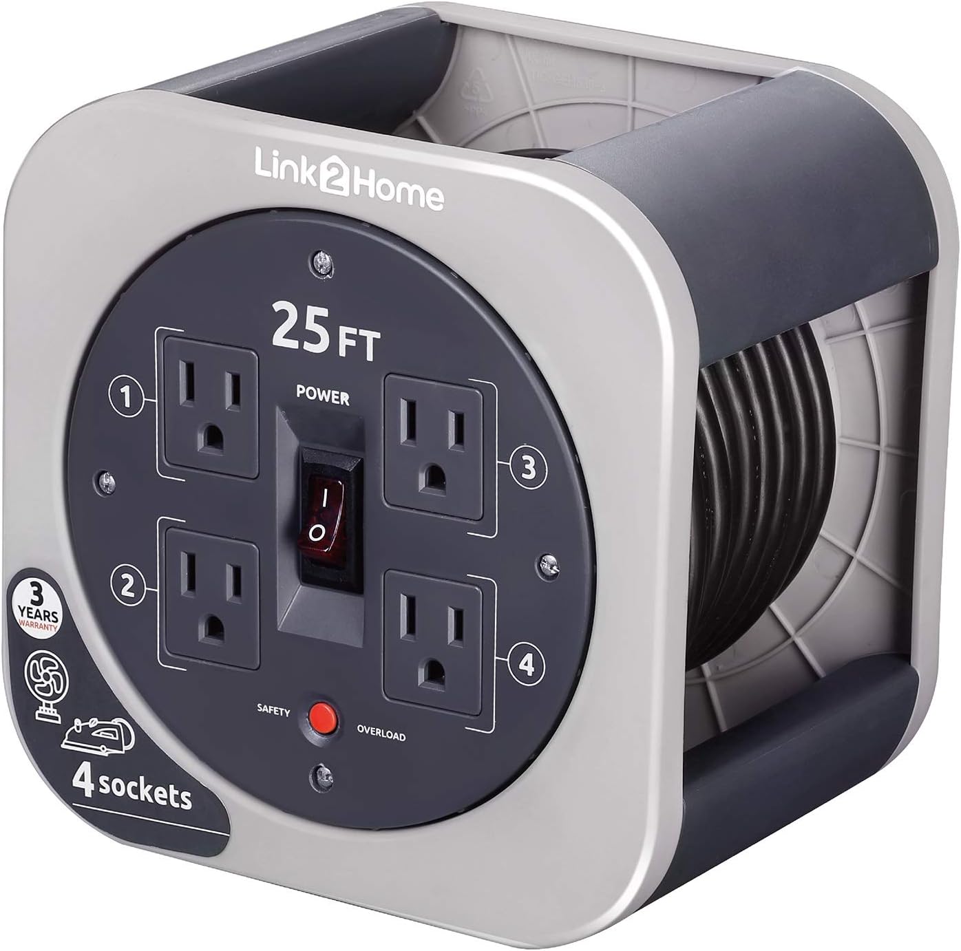 Exclusive Discount 90% Price Link2Home Cord Reel 25 ft. Extension Cord 4 Power Outlets - 16 AWG SJT Cable