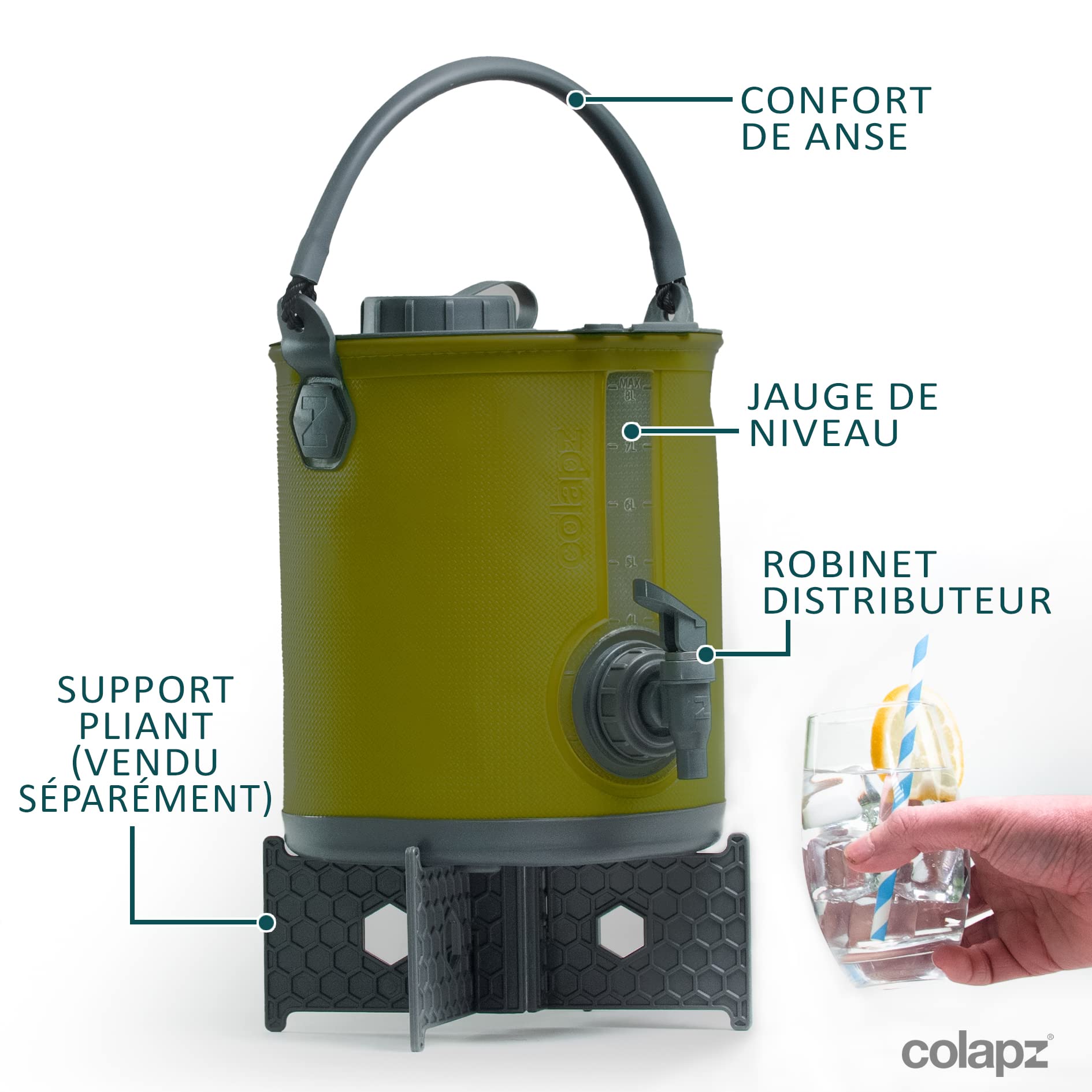 Colapz Pliable Distributeur d'Eau 8 L Vert Olive sans BPA Jerricane 2 en 1 Seau Camping Arrosoir