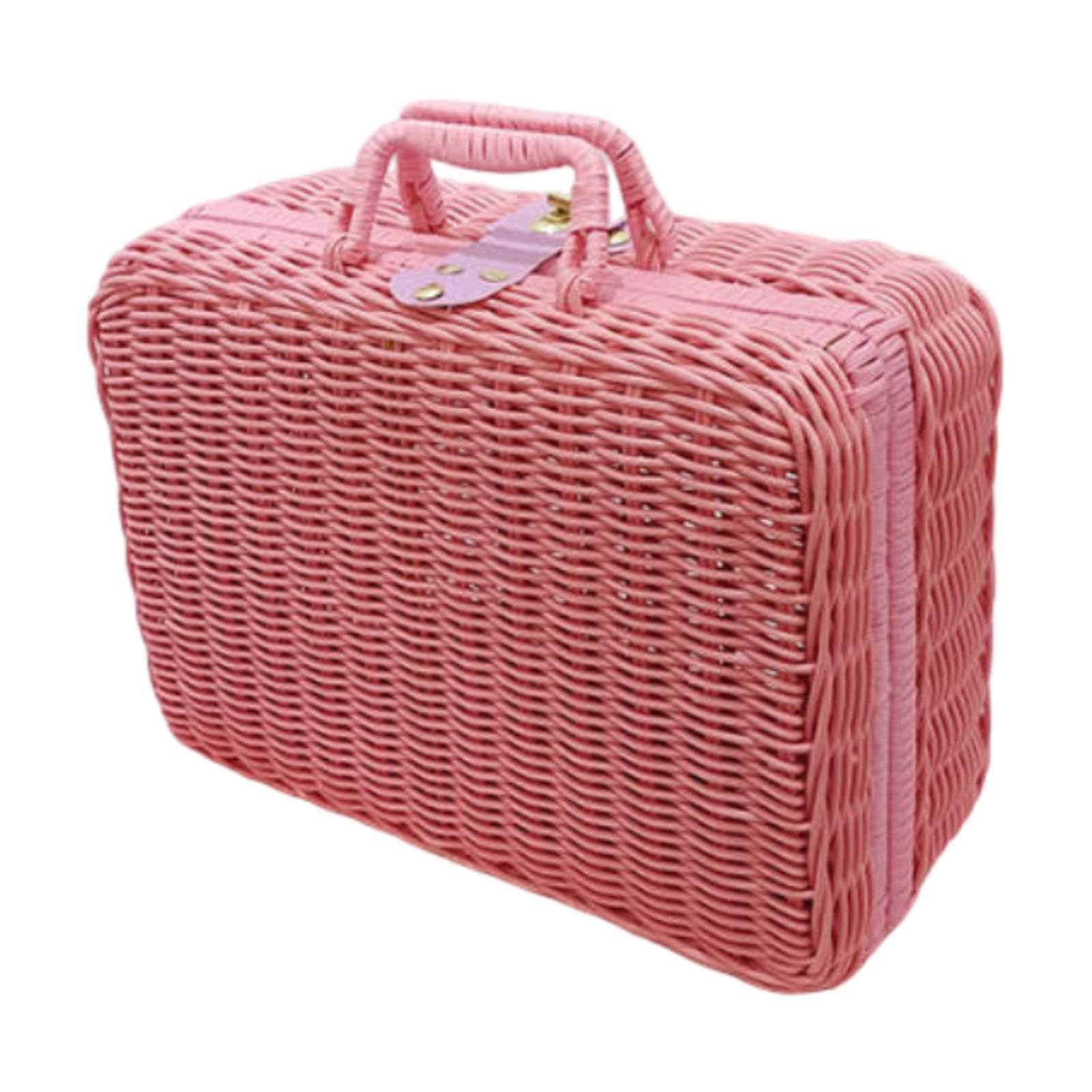 YIXANNX Elegant Imitation Rattan Suitcase Woven Basket Tote Crafted To Elevate Any Storage Environment With Vintage Touches Cosmetic Storage Box Travel, Pink, M