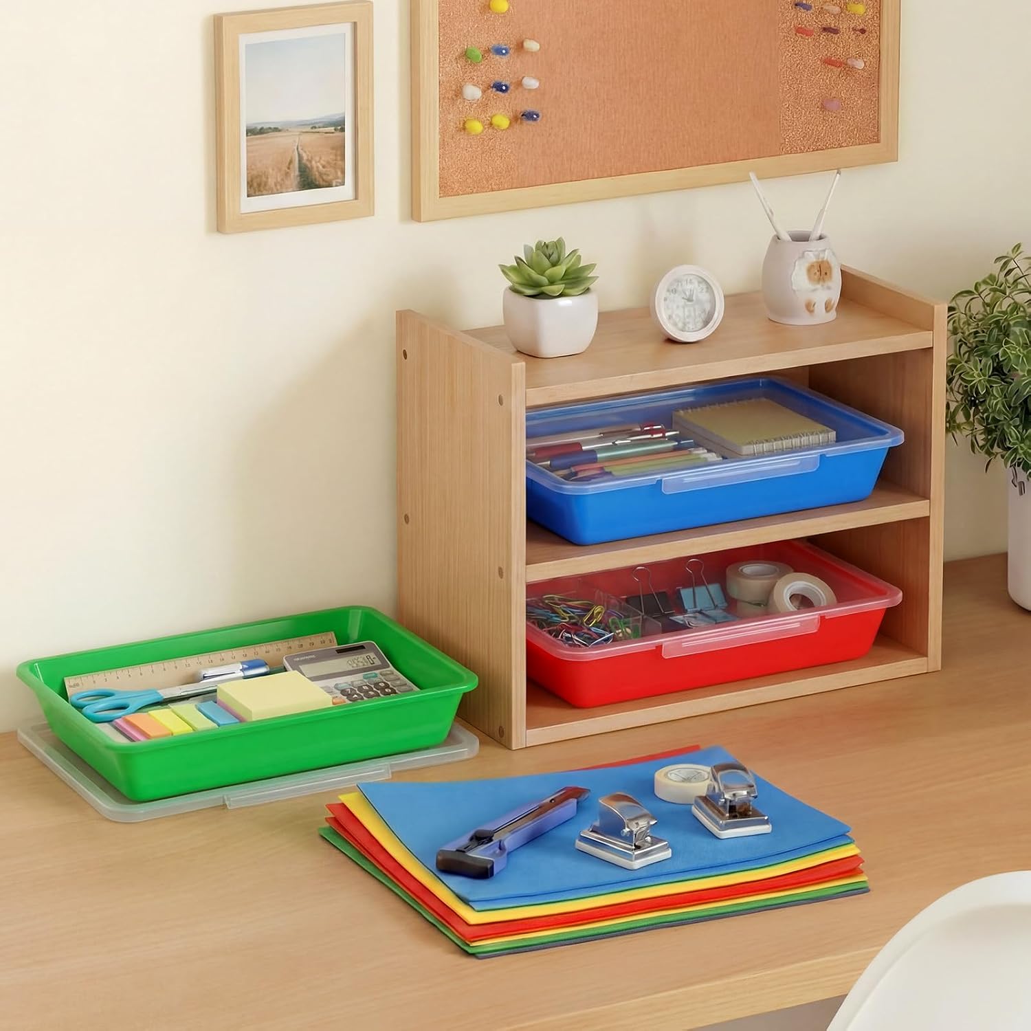 Tinlade 12 Pcs Paper Storage Bin with Clear Latching Lid, Label Colored Plastic Stackable Letter Size Flat Tray Container Classroom Home Office School Teacher Arts Crafts Sorting (Rainbow,13x10in)