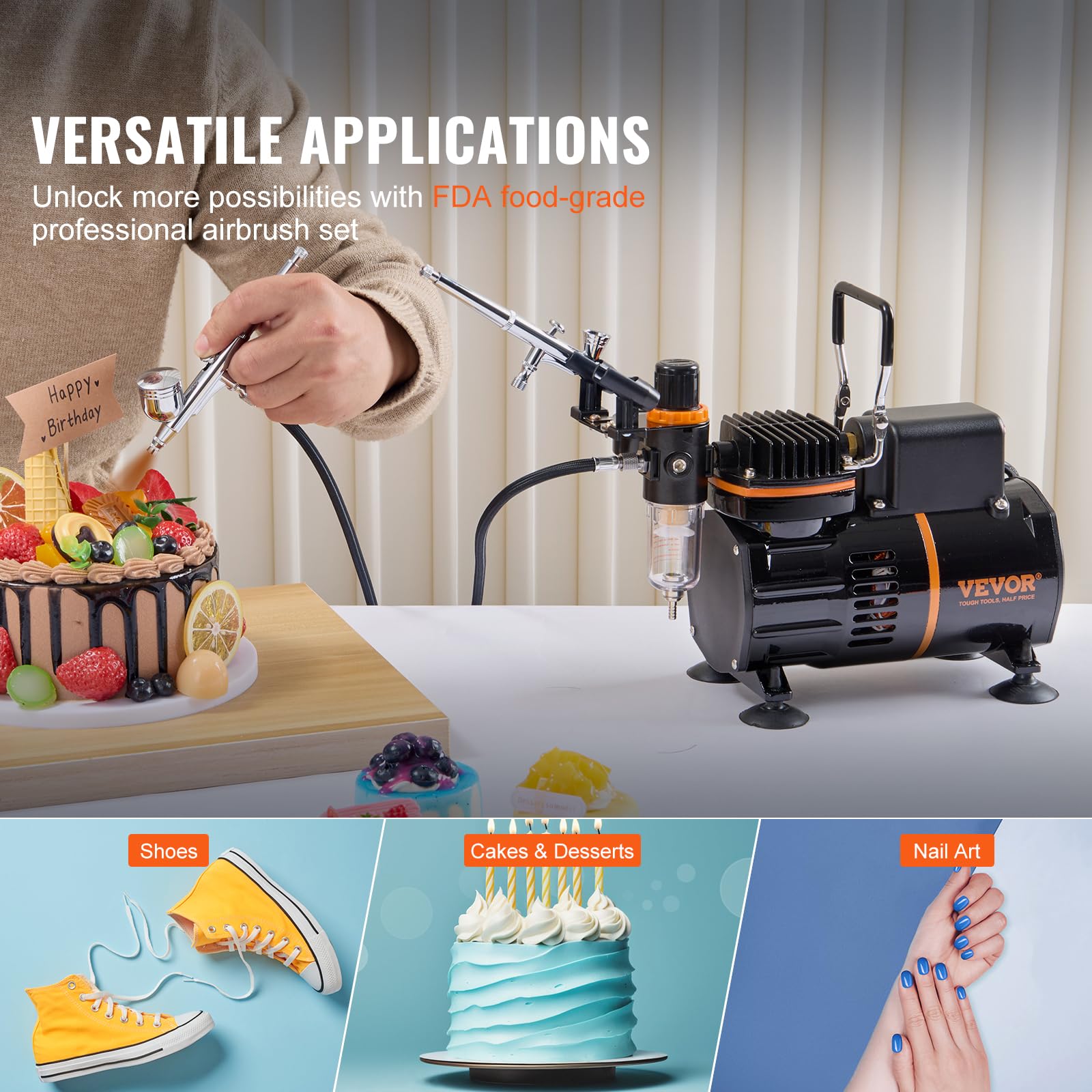 VEVOR Kit d'aérographe, compresseur d'air à double ventilateur, système d'aérographe professionnel avec 3 pistolets, support, roue de mélange de couleurs, pour art de l'ongle, cuisine, maquillage