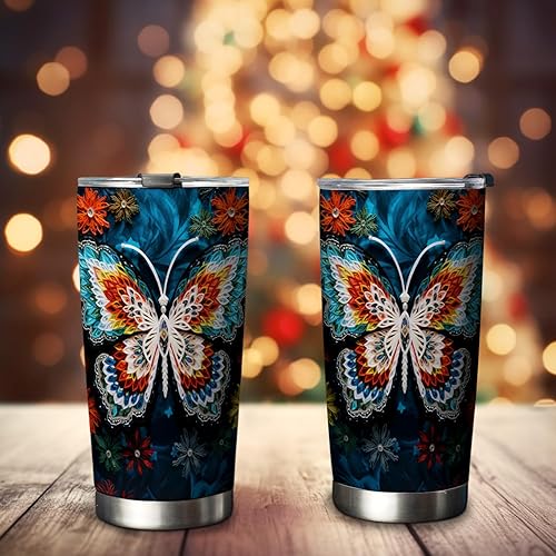 Miniatura 2 de ORCAE Vaso de mariposa de Navidad de 20 onzas, lindo vaso de mariposa con copos de nieve, flores y mariposas, vaso de mariposa floral colorido, taza