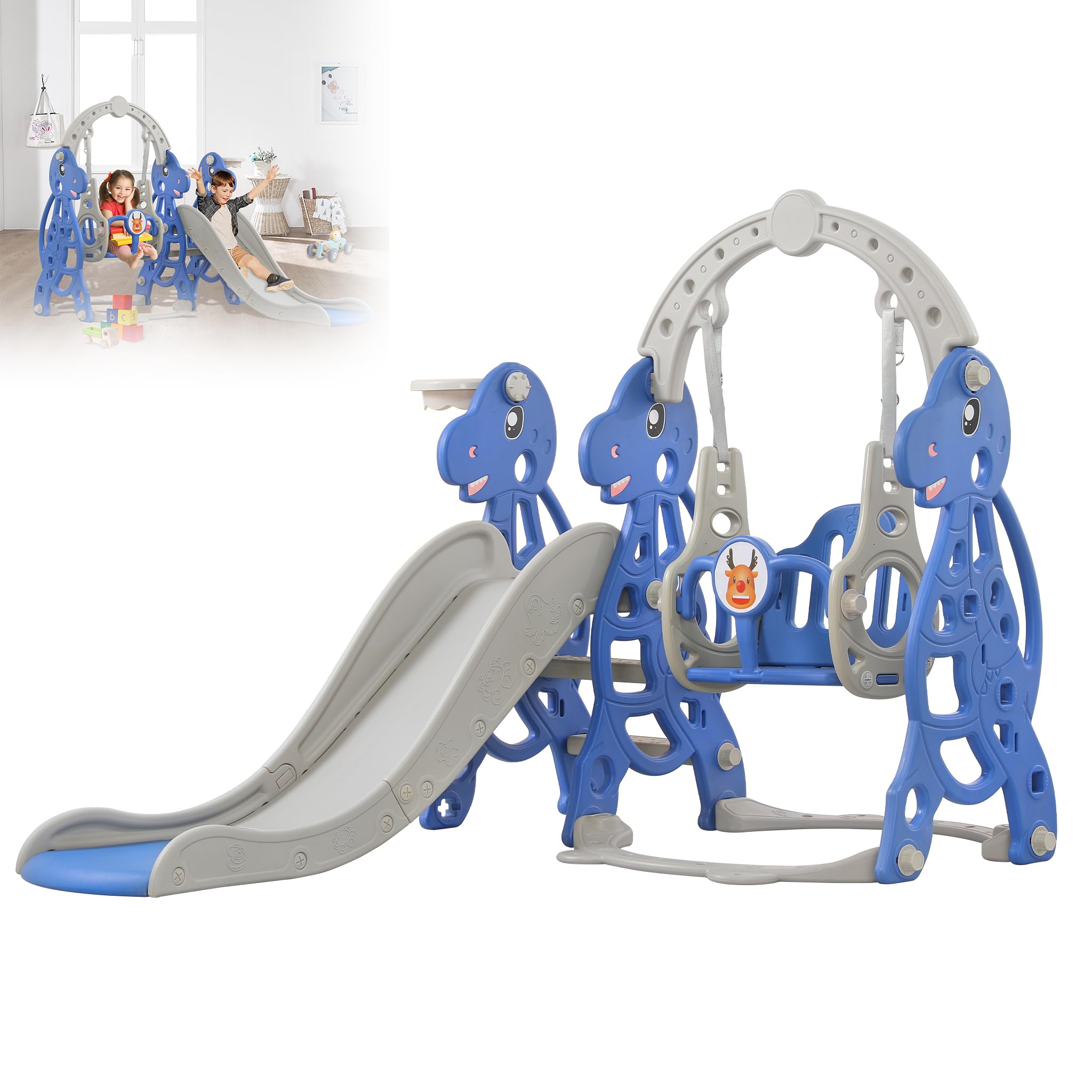 Kinderrutsche für Outdoor & Indoor, 4 in 1 Kinder Spielplatz Rutsche mit Rutschauslauf, Schaukel, Basketballkorb und Leiter, Gartenrutsche Kleinkinderrutsche, Typ C