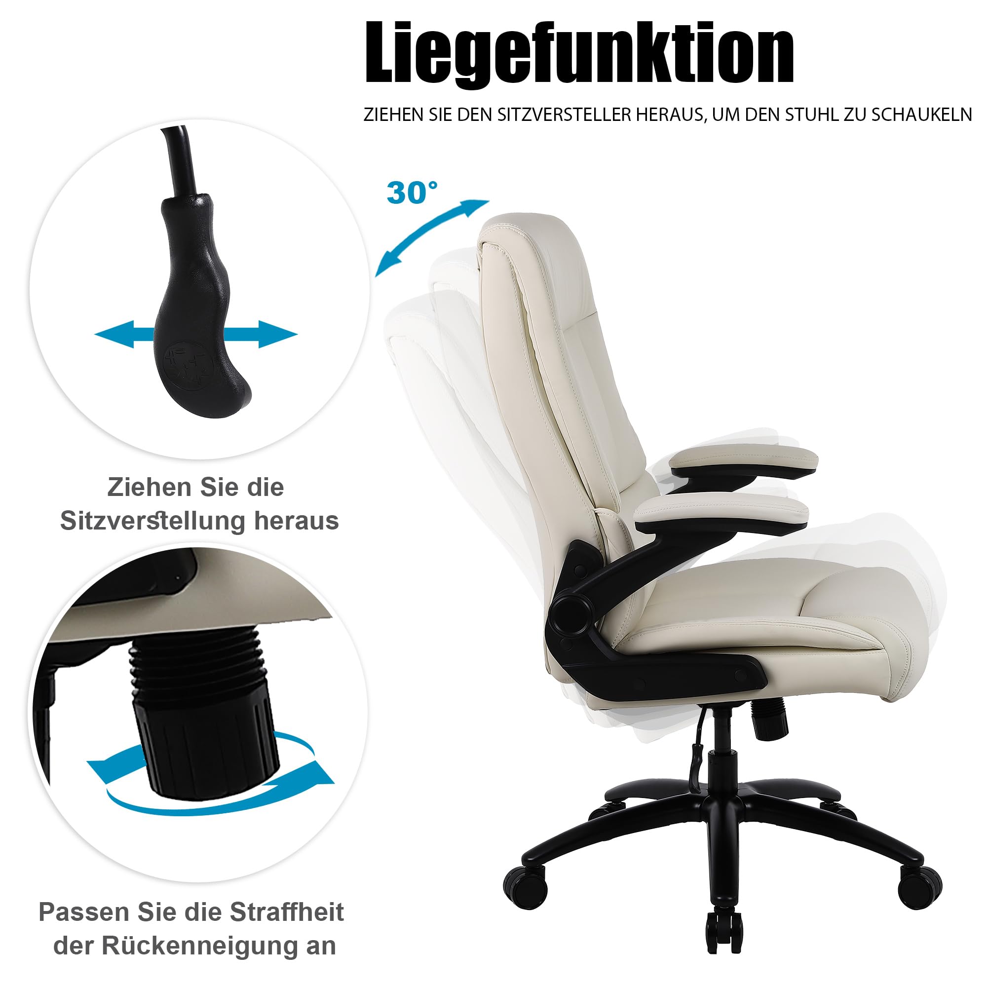 Youhauchair Bürostuhl 200kg für schwere Menschen, Chefsessel aus PU-Leder, Bürostuhl Ergonomisch mit hochklappbarer Armlehne, Schreibtischstuhl Office Chair für Home Office, Beige