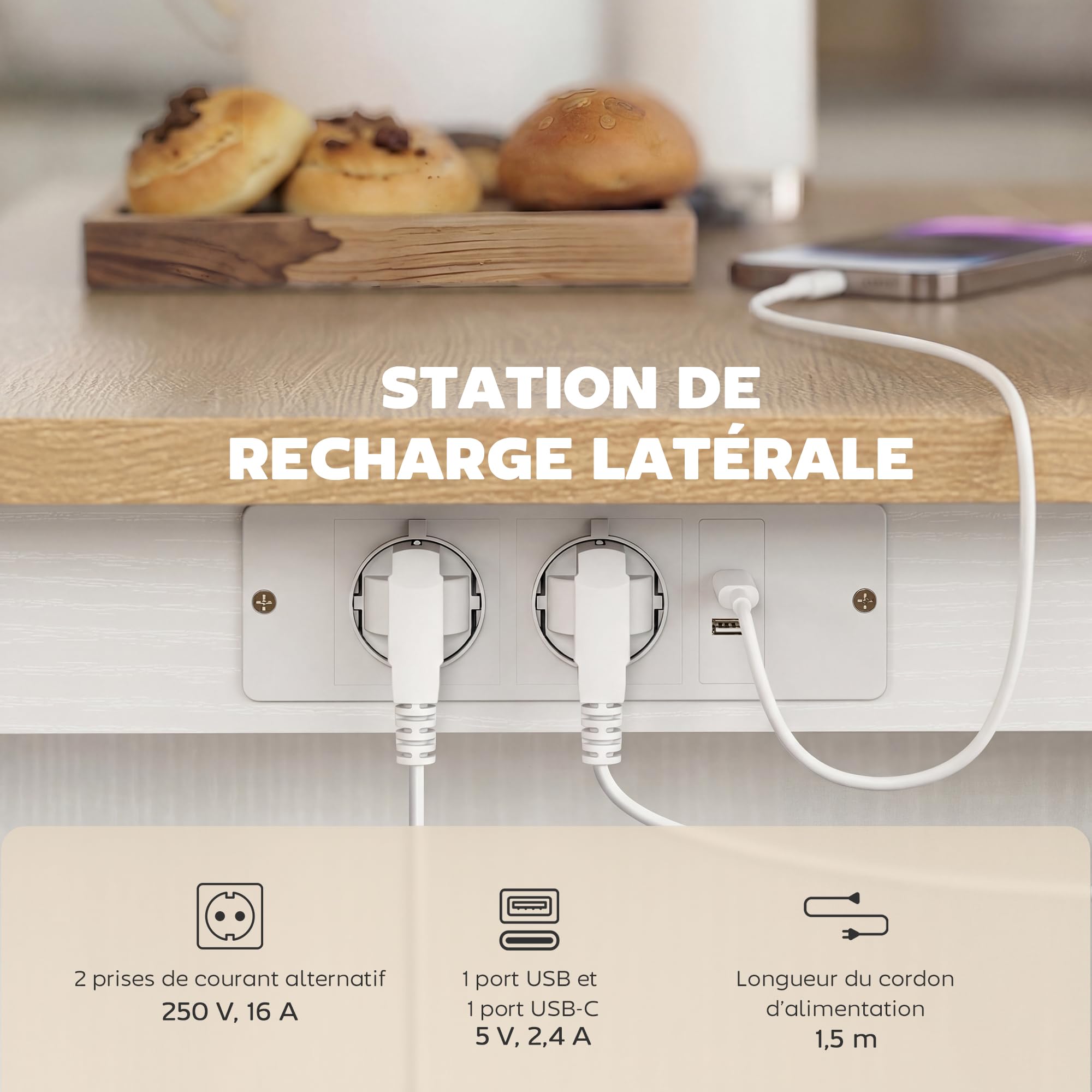 HOMCOM Îlot de Cuisine avec Station de Charge, Chariot de Cuisine à roulettes avec Plan de Travail Rabattable, Racks à Épices, 2 Tiroirs et Étagère Réglable, pour Cuisine et Salle à Manger, Blanc
