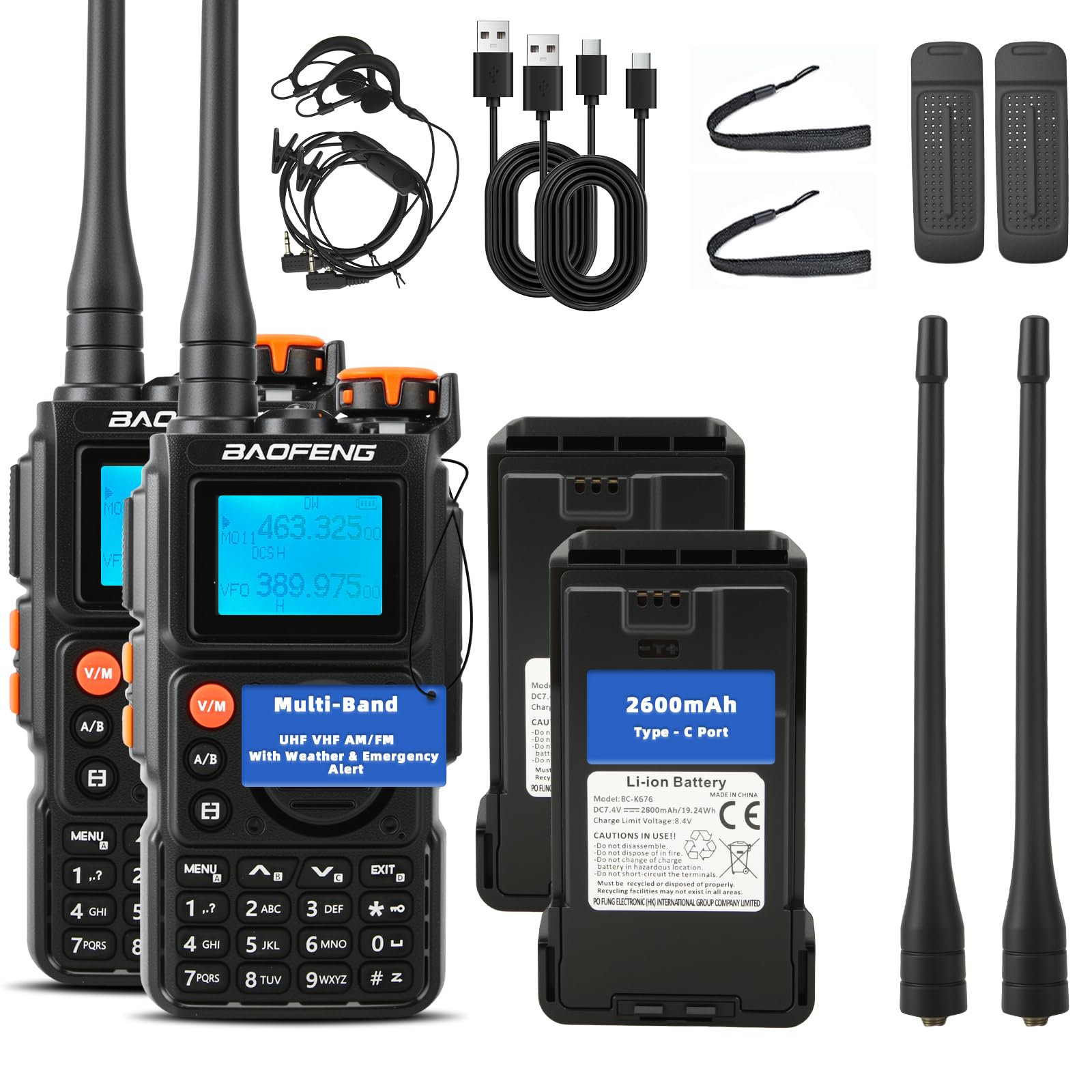 EU-K6 Walkie Talkie - Multi-Band Two Way Radio with Air Band Monitor, FM Radio, 2600mAh Type-C Battery, 8W High Power, VOX Hands-Free, SOS Emergency Alert, Weather Alert, for Camping Hiking & Work — view 8
