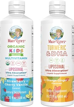 MARYRUTHS Organics Kids Multivitamin Strawberry Cherry & Vanilla & Turmeric & DHA Liposomal Sweet Ginger | Clean Label Project Verified | Vitamins for Joint Health & Overall Wellness | Vegan