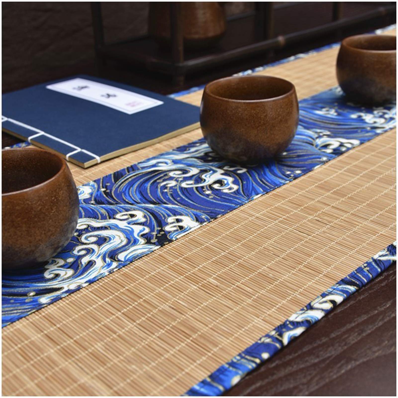 Camino de Mesa Zen Moderno, Mantel de Seda de bambú con patrón de Onda Azul, manteles Individuales Antideslizantes con Bordes para Regalo de Fiestas en la Cocina casera (tamaño: 30