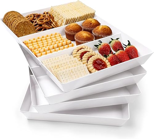 Miniatura 9 de Paquete de 4 bandejas blancas grandes de 16 x 11 pulgadas, 3 secciones, platos de plástico reutilizables para alimentos de fiesta, galletas