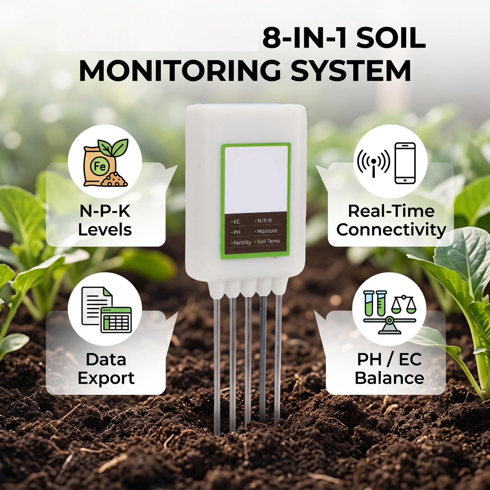 YUYTE Probador de Suelo 8 en 1 con Bluetooth, Monitor EC de PH NPK en | Recargable por USB, Mide la Temperatura Húmeda de Fertilidad NPK PH EC, Exportación de Datos de Aplicaciones, para Caña de