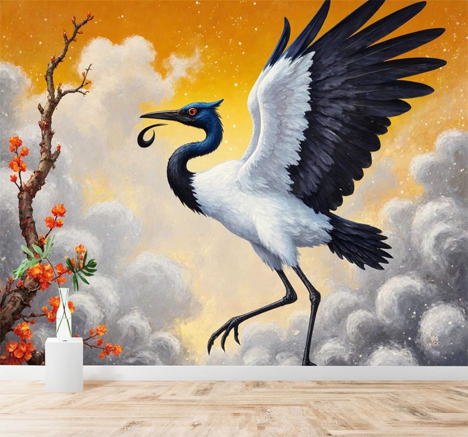 XLMING Elegance Branches Flowers Birds Golden Sky 3D Wallpaper Silky Texture Home Study Office Grey Dining Room Sofa Bedroom Living Room TV Backdrop-350cm×256cm