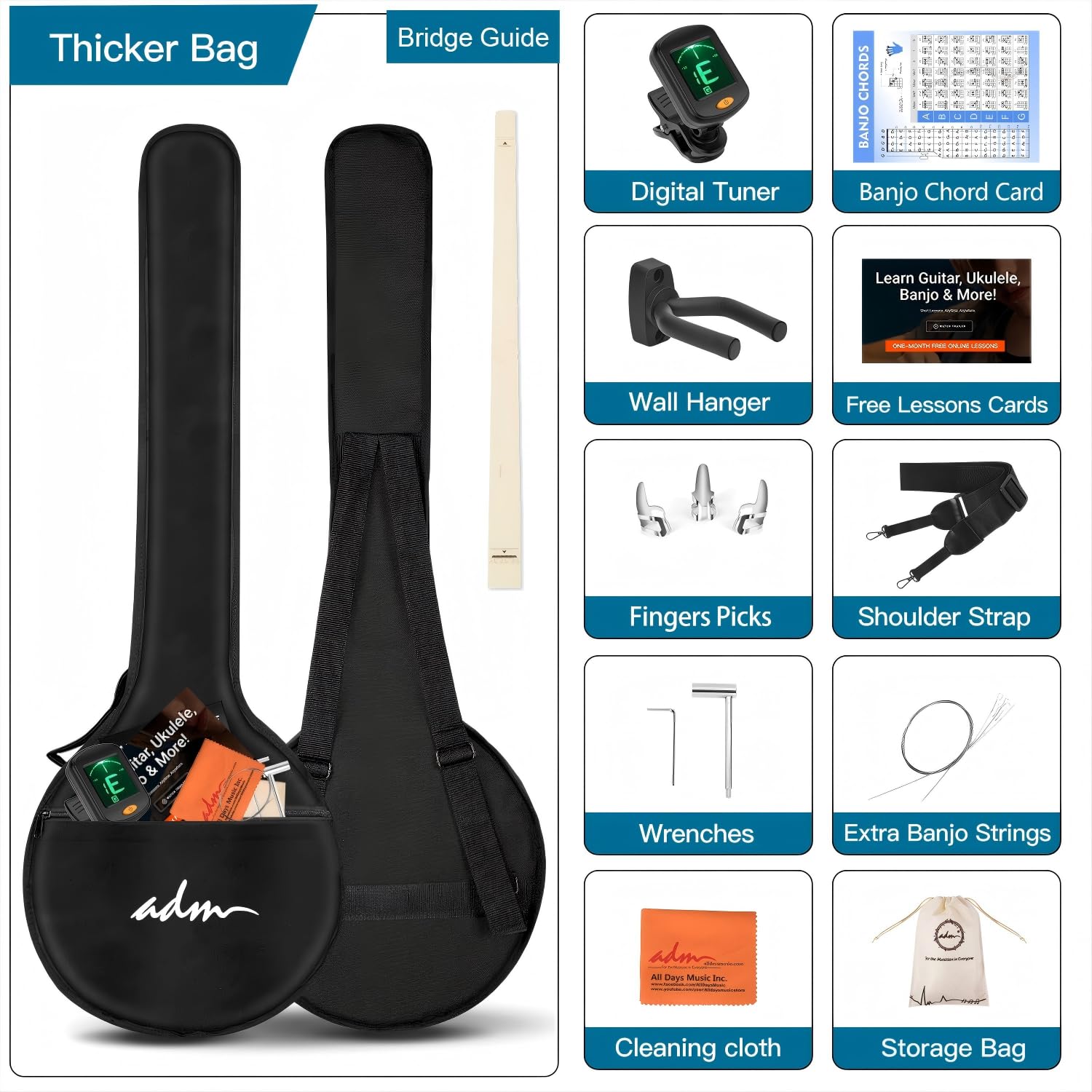 ADM Banjo-Set mit 5 Saiten, volle Größe, 96,5 cm, Remo Drum Geared 5. Stimmgerät, Anfänger-Banjo-Set mit Resonator, offen, geschlossener Rückseite, Geschenkpaket, kostenloser Unterricht,