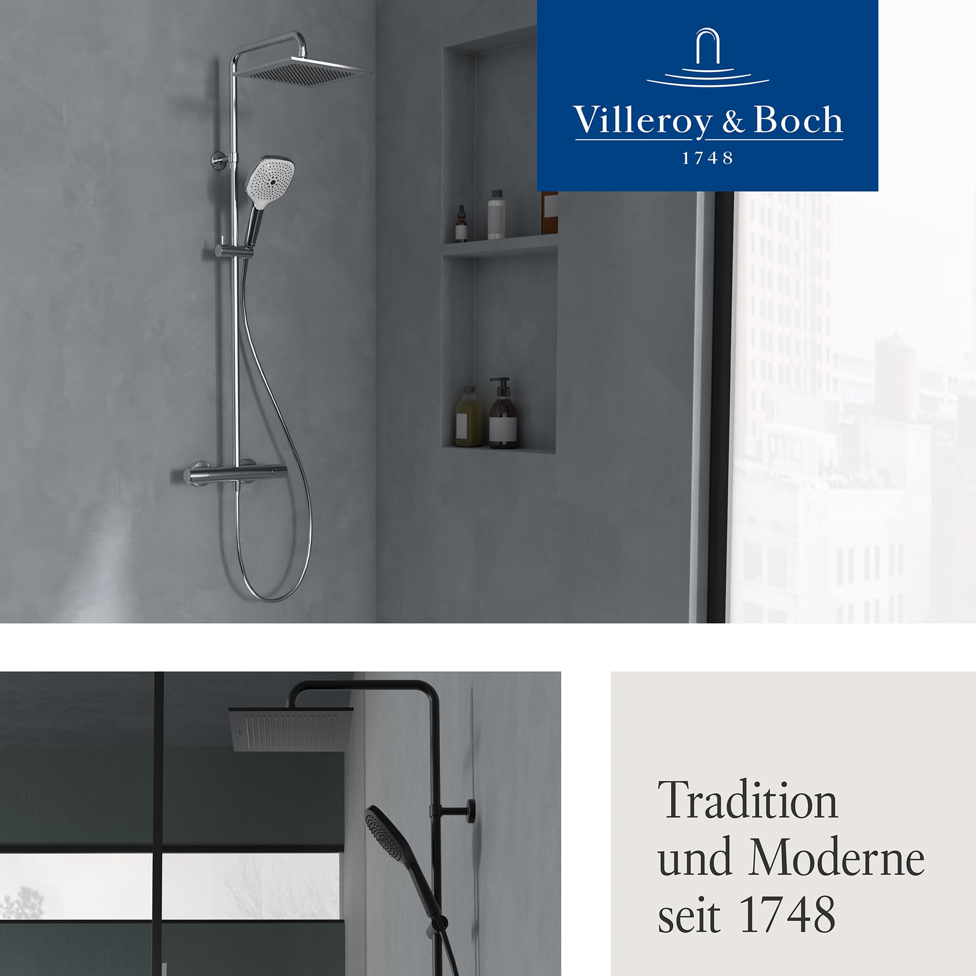 Villeroy & Boch Elody Duschsystem, Komplettset mit Thermostat – Chrom | Regendusche, Handbrause mit 3 Strahlarten, wassersparend, TVS13000100061