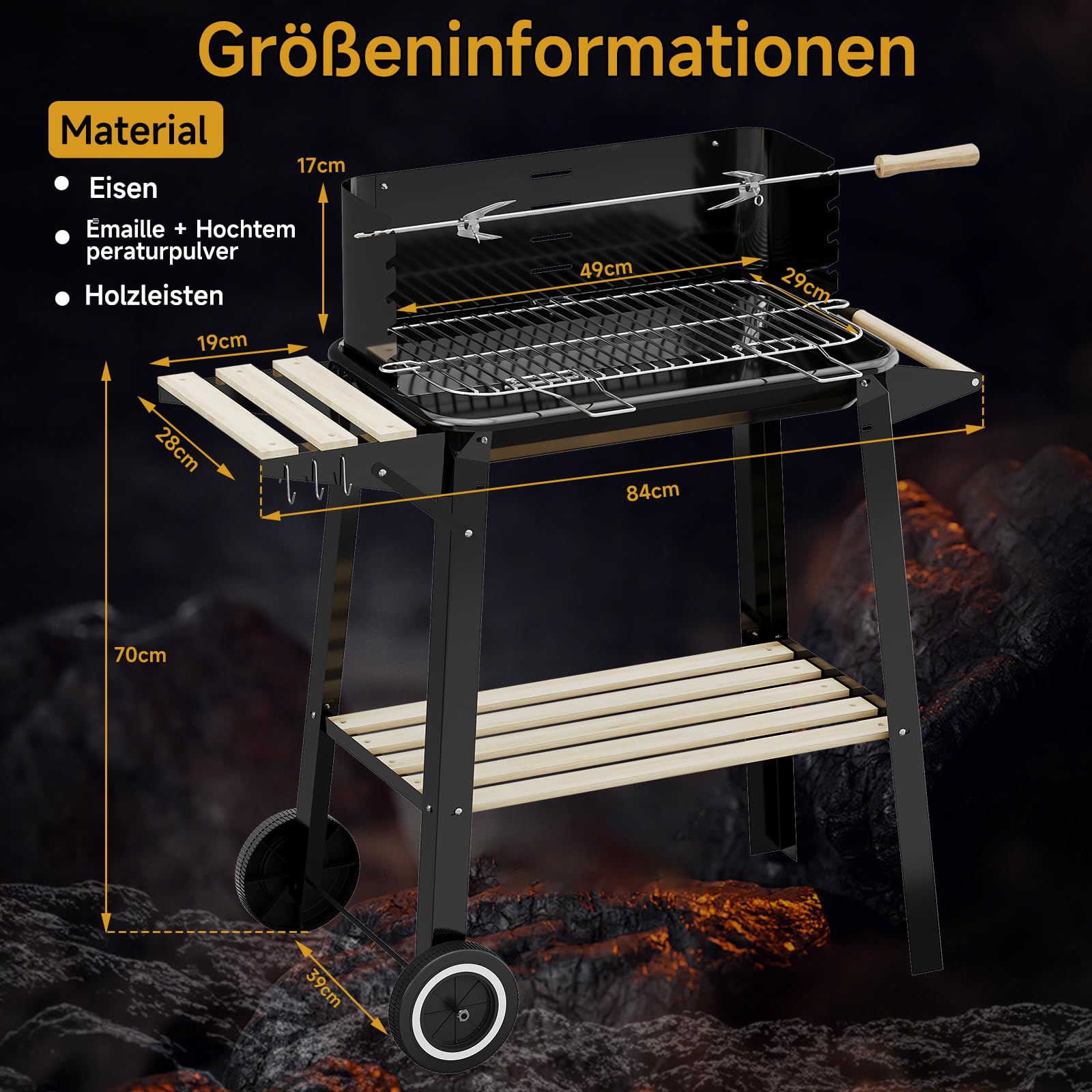 HOMELUX Grill na węgiel drzewny, 84 x 39 x 97 cm, grill stojący, ruszt do grillowania z kółkami i półką na drewno, idealny na piknik, do ogrodu, na kemping