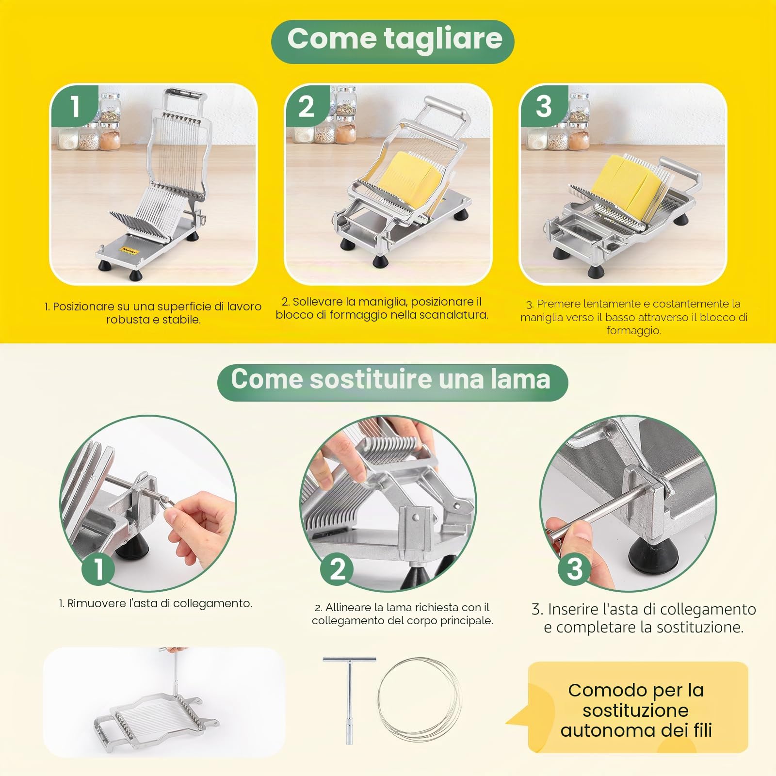 Huanyu Affettatrice commerciale con tagliere da 0,5 cm Taglierina per formaggio in acciaio inox con filo Taglierina multifunzionale per formaggio, burro e carne da pranzo