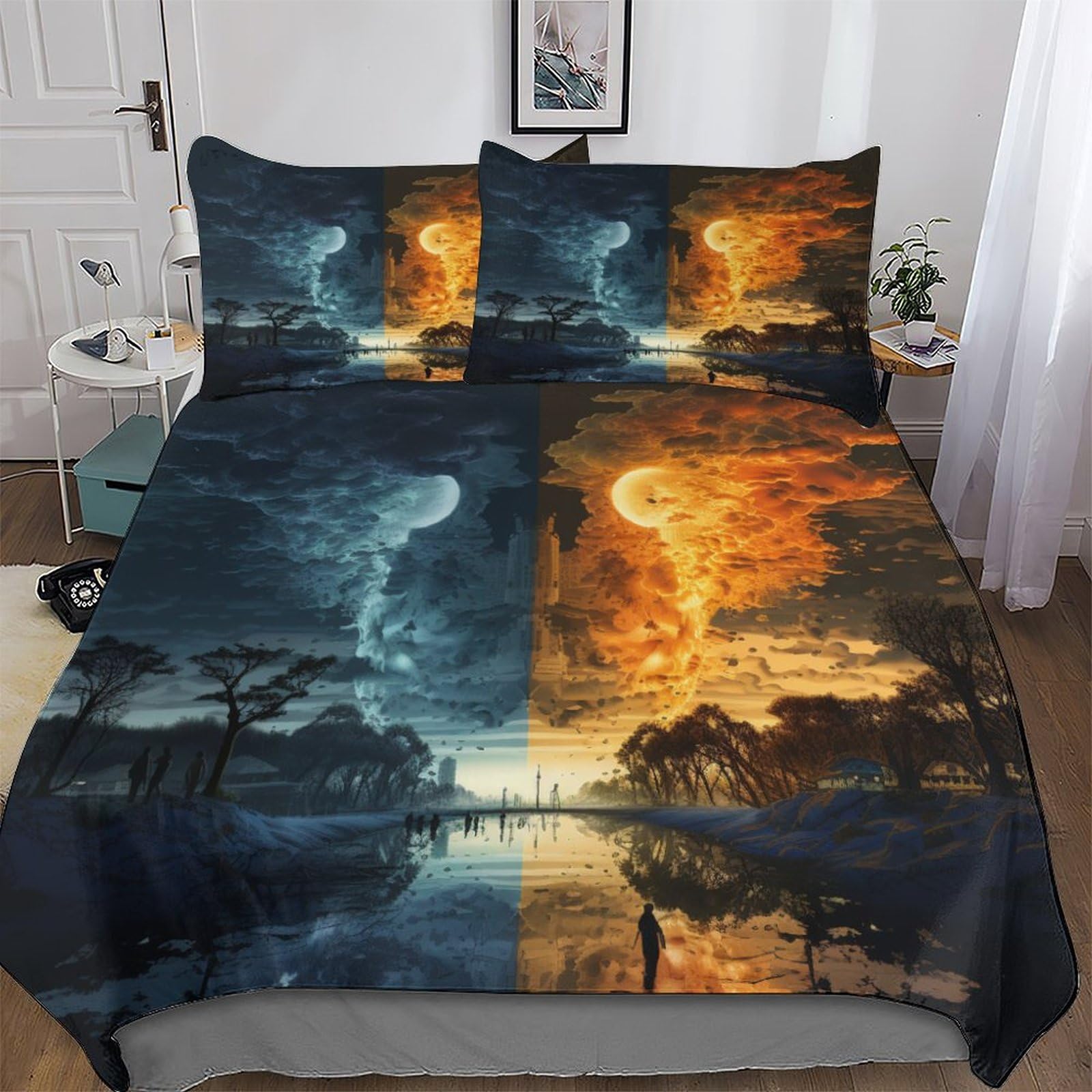 Housse de couette motif paysage microfibre douce parure de lit 3 pièces double 200x200cm pour lit