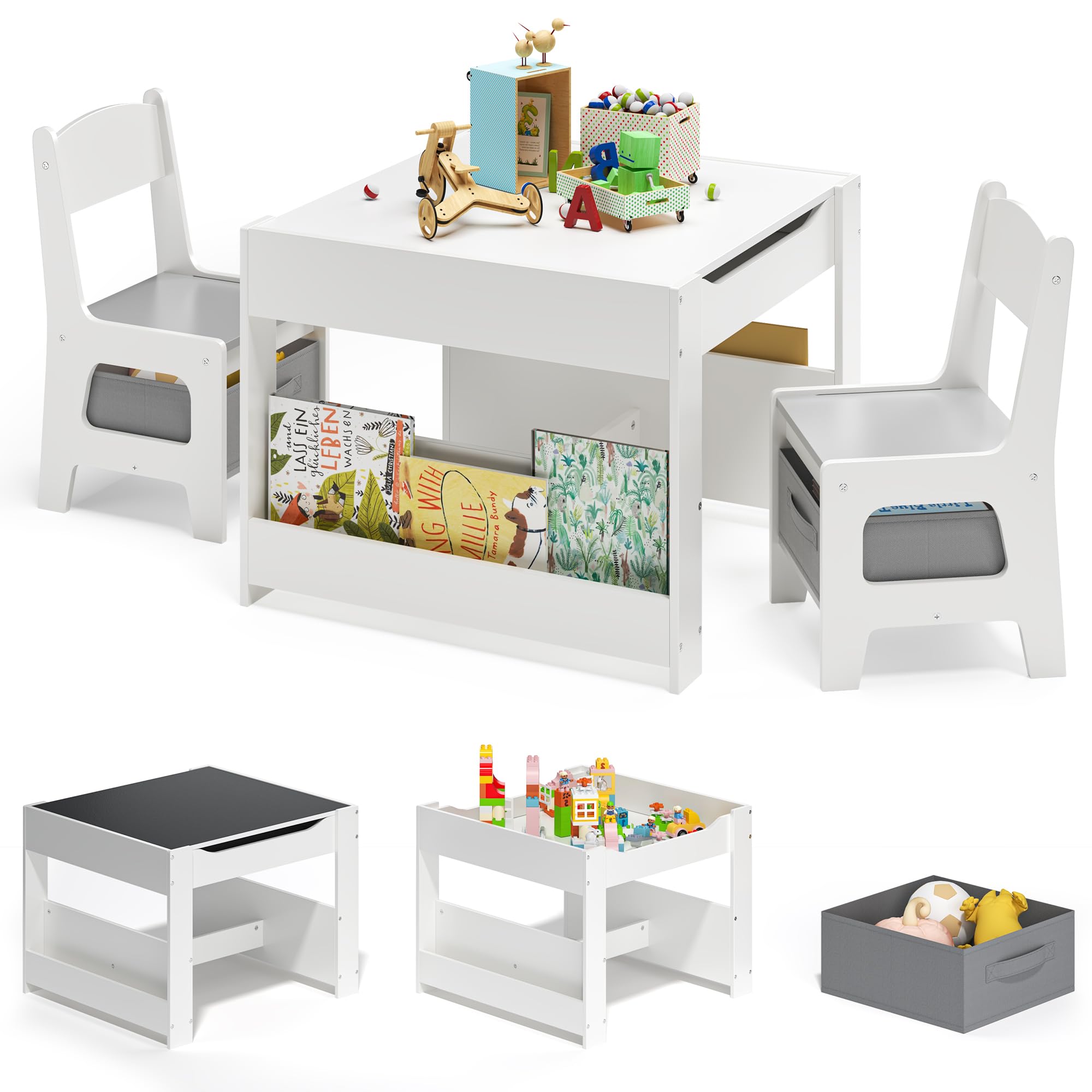 Xbro Mesa y Sillas Infantiles, Mesa con Pizarra y 2 Sillas, Niños Mesa con Reversible, Set de Muebles Infantil, Gris.