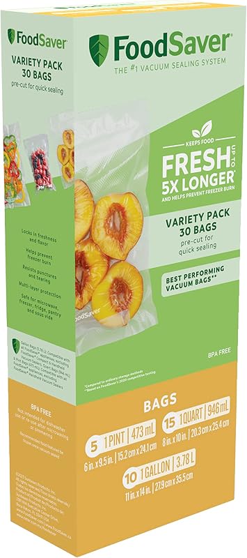 Bolsas selladoras al vacío FoodSaver Premium, paquete variado de varios tamaños, 30 unidades, perfectas para almacenamiento en el congelador y la despensa, cocción al vacío sin BPA