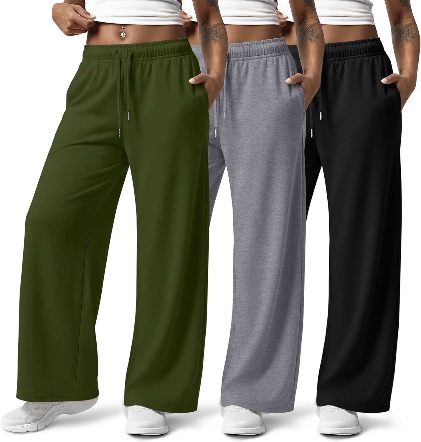 Huukeay 3 Pack Women Plus Size Pants, Straight Wide Leg Lounge Pants Elastic Fall Drawstring Casual Loose Trouser with Pocket