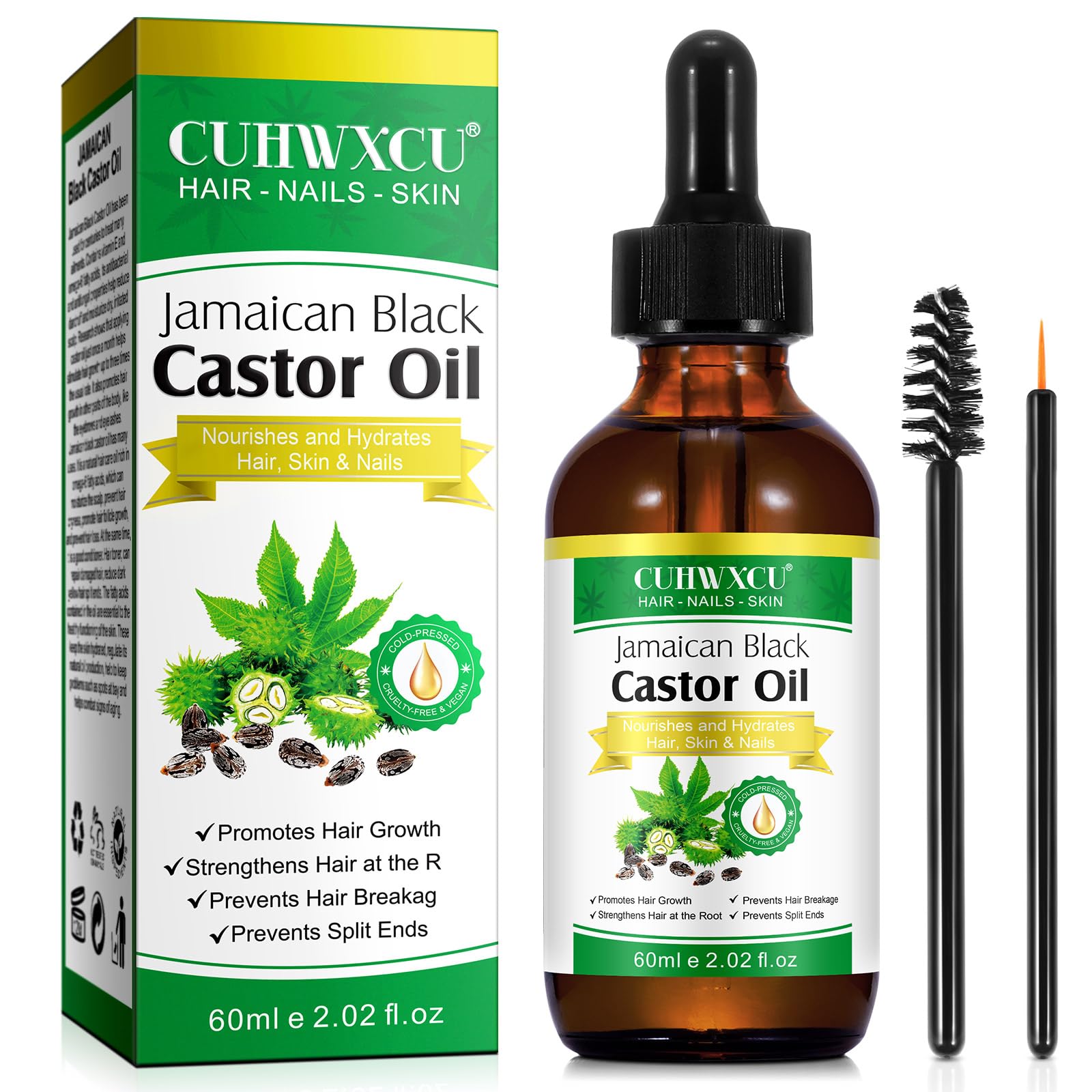 Aceite de Ricino 60ml- 100% Puro y Natural - Aceite de Ricino Orgánico para el Crecimiento del Cabello Pestañas, Cejas - Cuidado de la Piel y el Cuerpo - Prensado en Frío