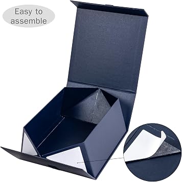 WRAPAHOLIC Eid Mubarak Gift Box with Satin Ribbon, 8x8x4 Inches Blue Collapsible Gift Box with Magnetic Closure for Eid Party, Ramadan, Gift Wrap, Storage