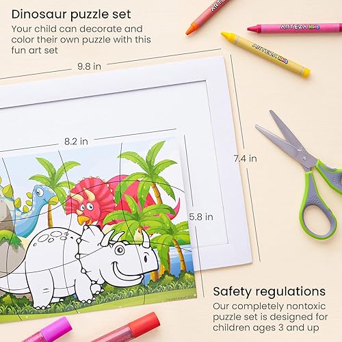 Miniatura 2 de Arteza Kids Kit de rompecabezas para colorear, 5 rompecabezas de dinosaurios, 16 crayones y 6 tubos de pegamento con purpurina, 5 marcos,