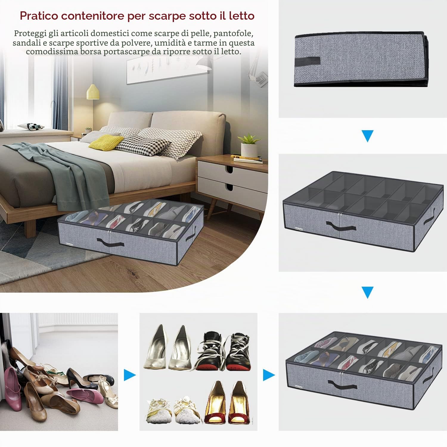 homyfort Set di 2 Organizzatore Scarpe Sottoletto con Coperchio Trasparente - Custodia Portascarpe a 12 Scomparti Organizer Pieghevole in Tessuto, Lino Grigio, XDUBSB2P