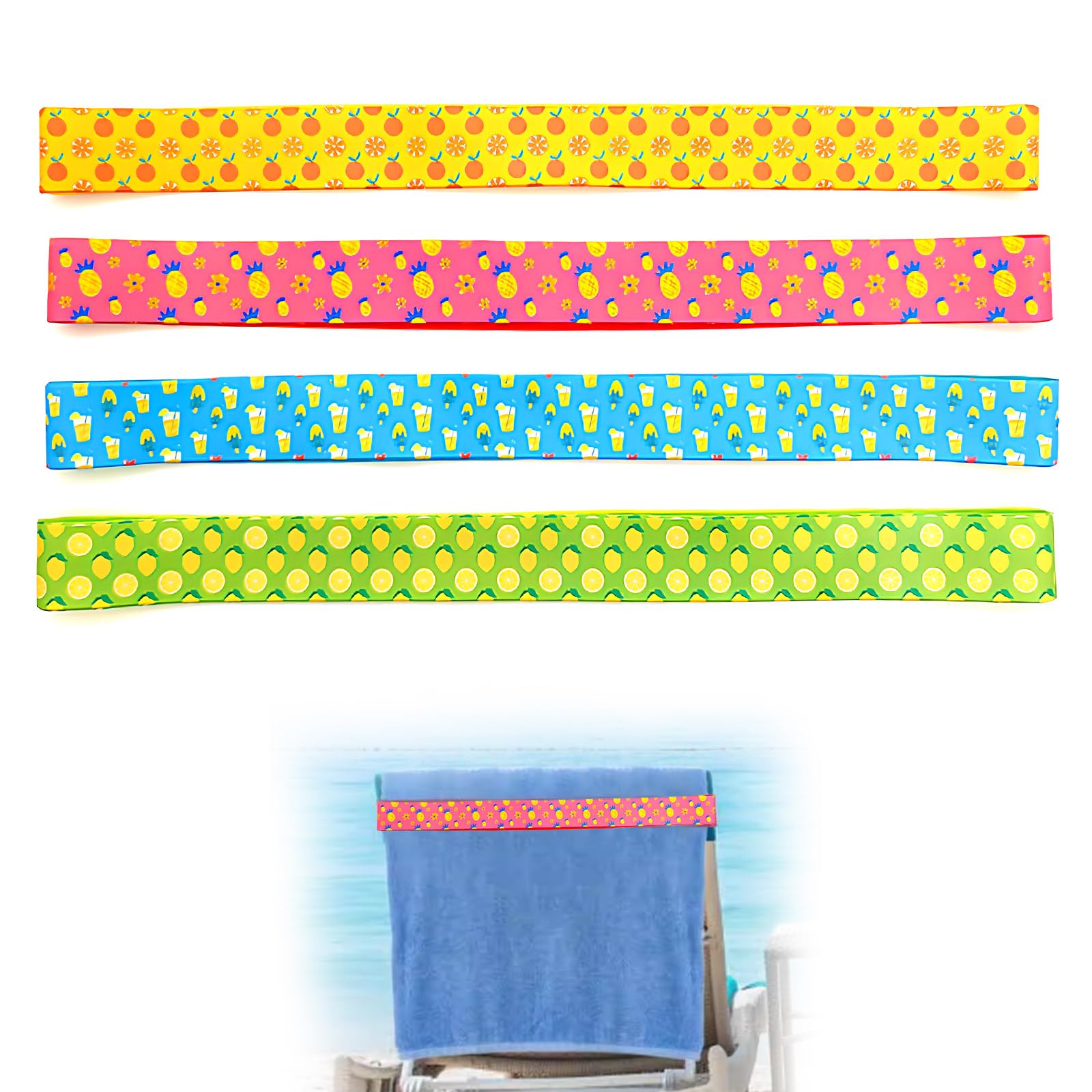 Vovora Pineapple, Lemon, Ice Cream, Orange 4 Styles Beach Towel Bands For Sun Loungers, 4Pcs 30X2.5cm Windproof Elastic Sunbed Towel Straps, Non-Slip Chair Towel Holder Accessories For Beach Pool Cruise
