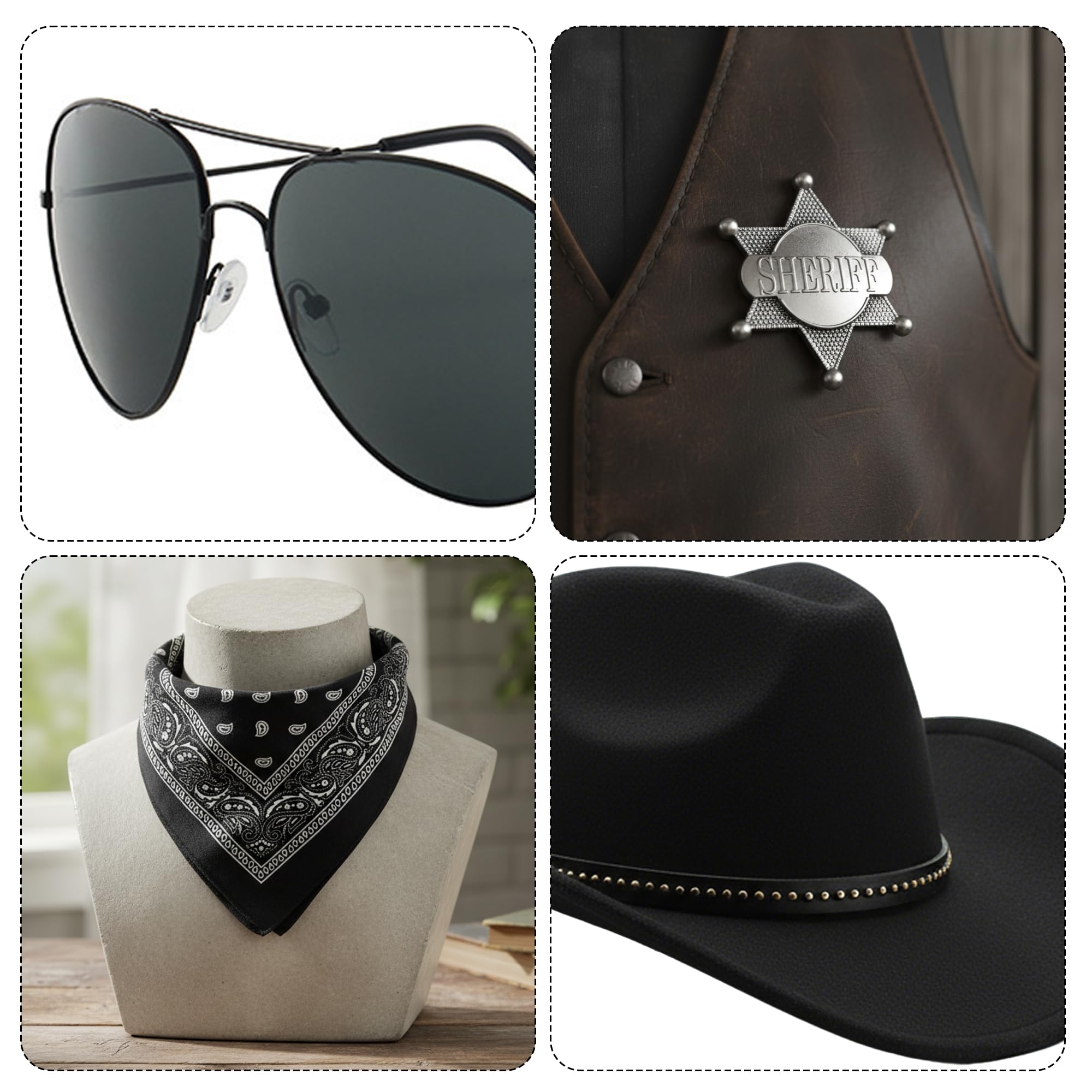 Soireeparty Cowboy Costume Accessories Men Adult, 4Pcs Western Fancy Dress Set including Hat Bandana - Image 4