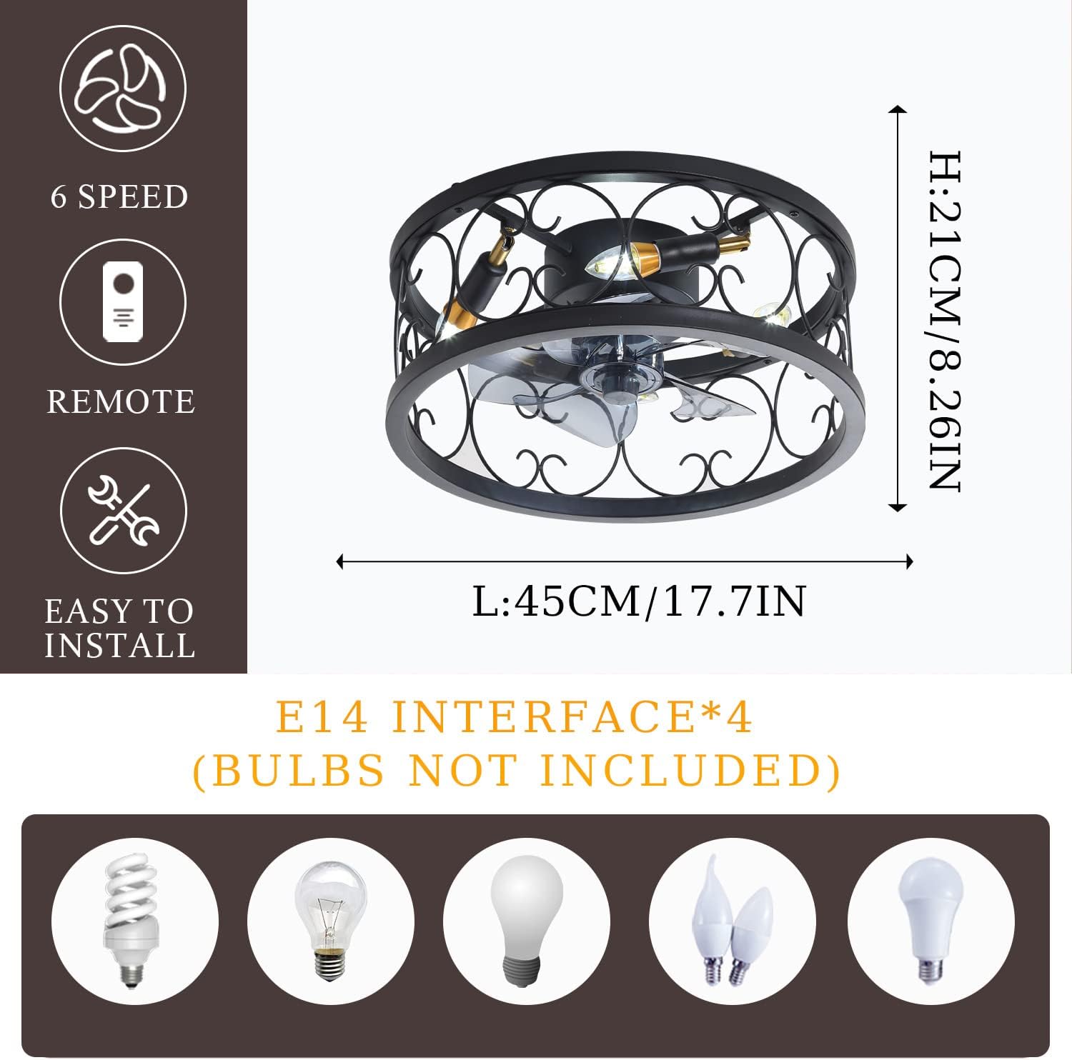 YUEGOO Ceiling Fans with Lamps,6 Speed Reversible Timer Ceiling Fans with Lights and Remote Silent Industrial Black Adjustable 3 Color Temperature Ceiling Fan with Lighting for Living Room/J