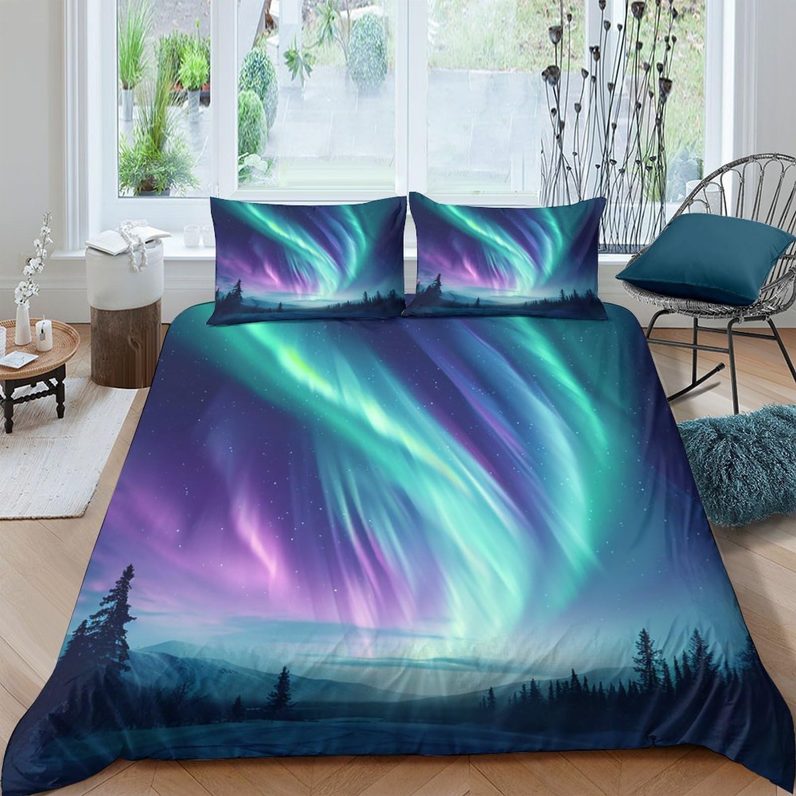 Ctjqhvkz Style-2 3D Printed Aurora Borealis Fitted Sheet Microfiber Soft Midnight Sky Mattress Cover Bedroom Decor Single（135X200cm）