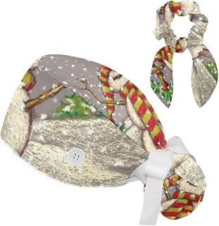 FVQL 2 Pieces Surgical Cap for Long Hair Scrub Cap with Hairband Nurse Cap, Christmas Snowman Vintage Pattern