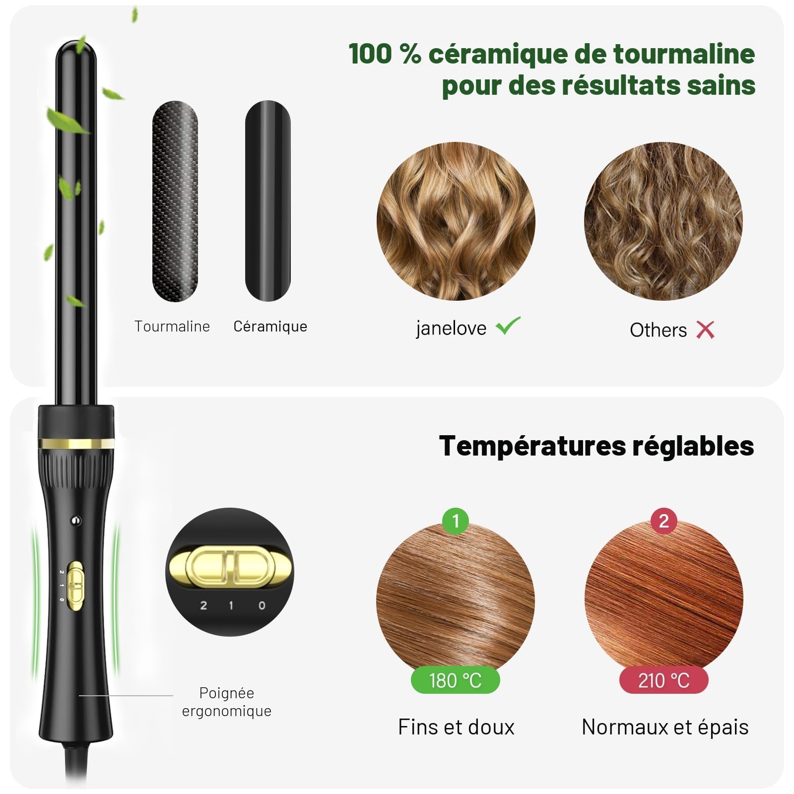 Janelove 5 en 1 Boucleur à Cheveux, 10-32mm Céramique Fer a Friser Kit avec 25mm Boucleur 3 Tete & Gants & Nylon Sac (180°C/210°C, 100-240V, Arrêt Automatique, Pour Les Voyages & Les Cadeaux) - Noir