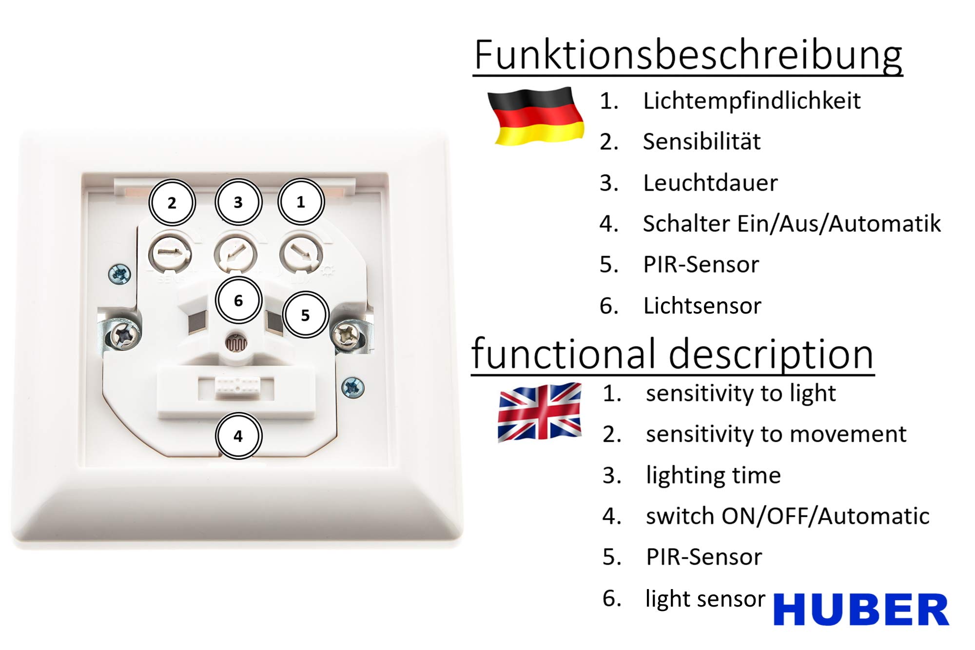 HUBER Motion 14 Detector de Movimiento PIR 170° [55x55mm] para Interiores I Detector de Movimiento Empotrado, 2 sensores - Sensor de Movimiento con Interruptor, también para Serie de interruptores