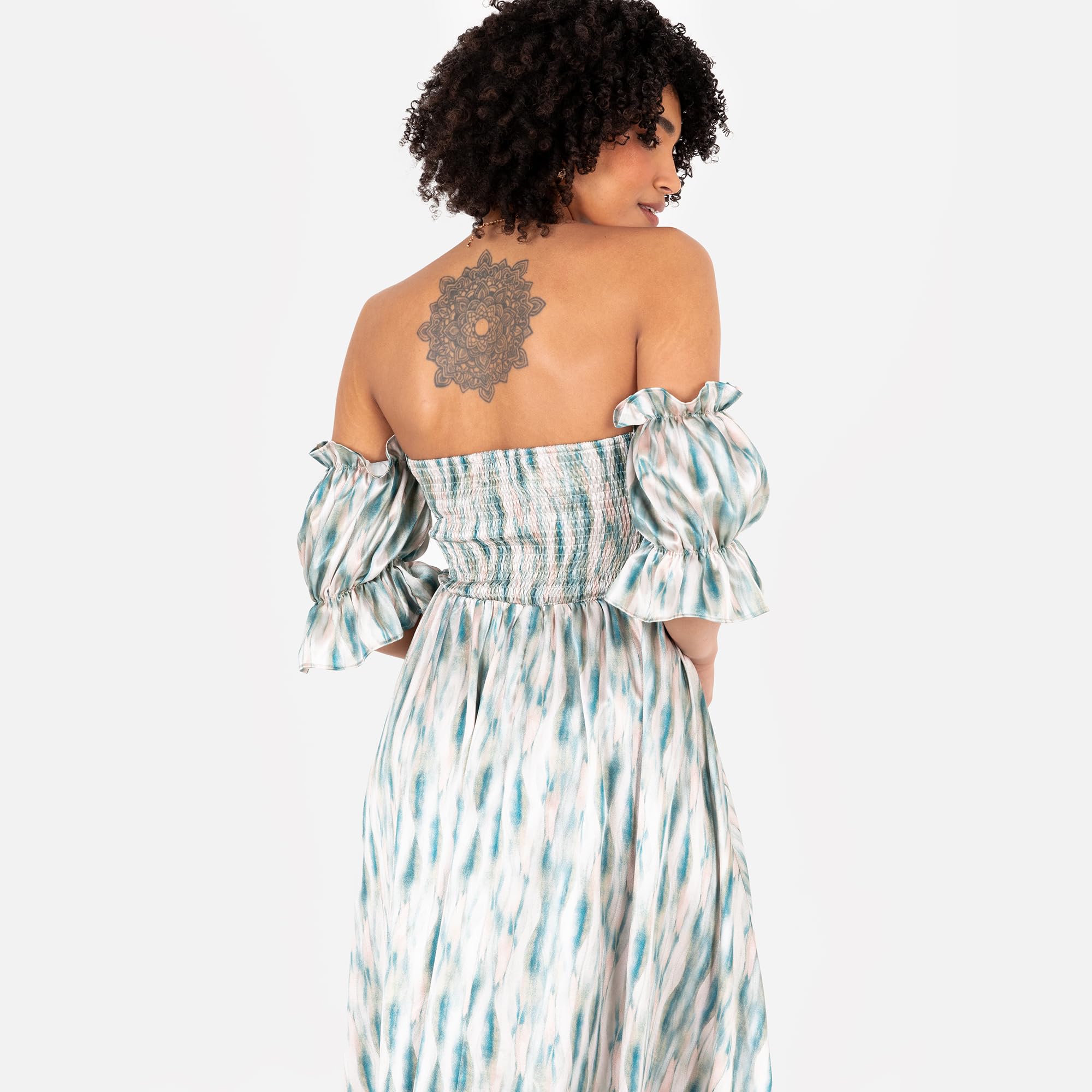 Lovedrobe Vestido para Mujer Midaxi Bardot Off-The-Shoulder Neckline Short Ruffle Sleeve A-Line Split Leg Abstract Print
