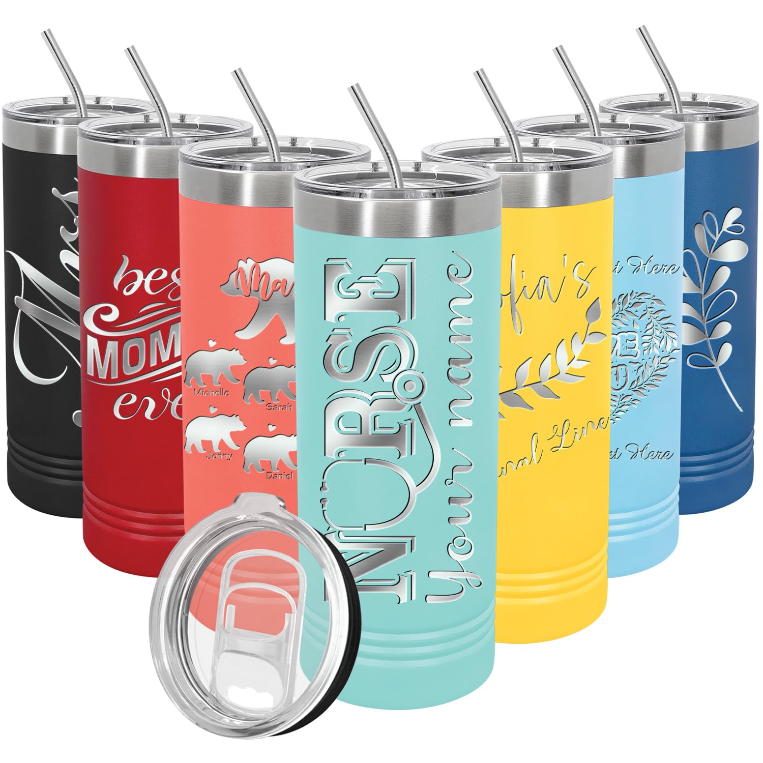 Personalized Skinny Tumbler by iProductsUS - Premium 18/8 Stainless Steel with Slideable Lid Top & Straw - Customized 22 oz Vacuum Insulated Coffee Mug - Ideal Christmas & Birthday Gift - Teal