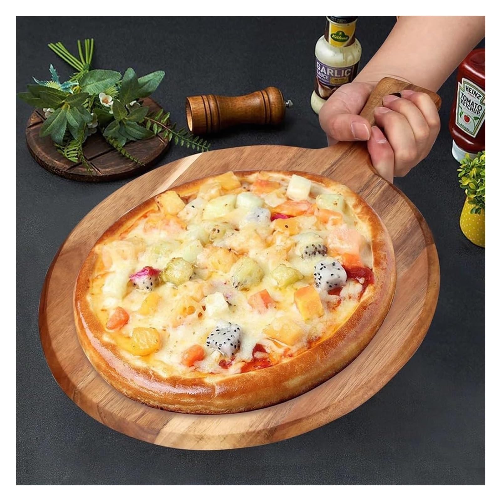 Wooden Chopping Board,Acacia Round Cutting Board with Handle Wooden Chopping Board for Meat Bread Deli Kitchen Serving Board