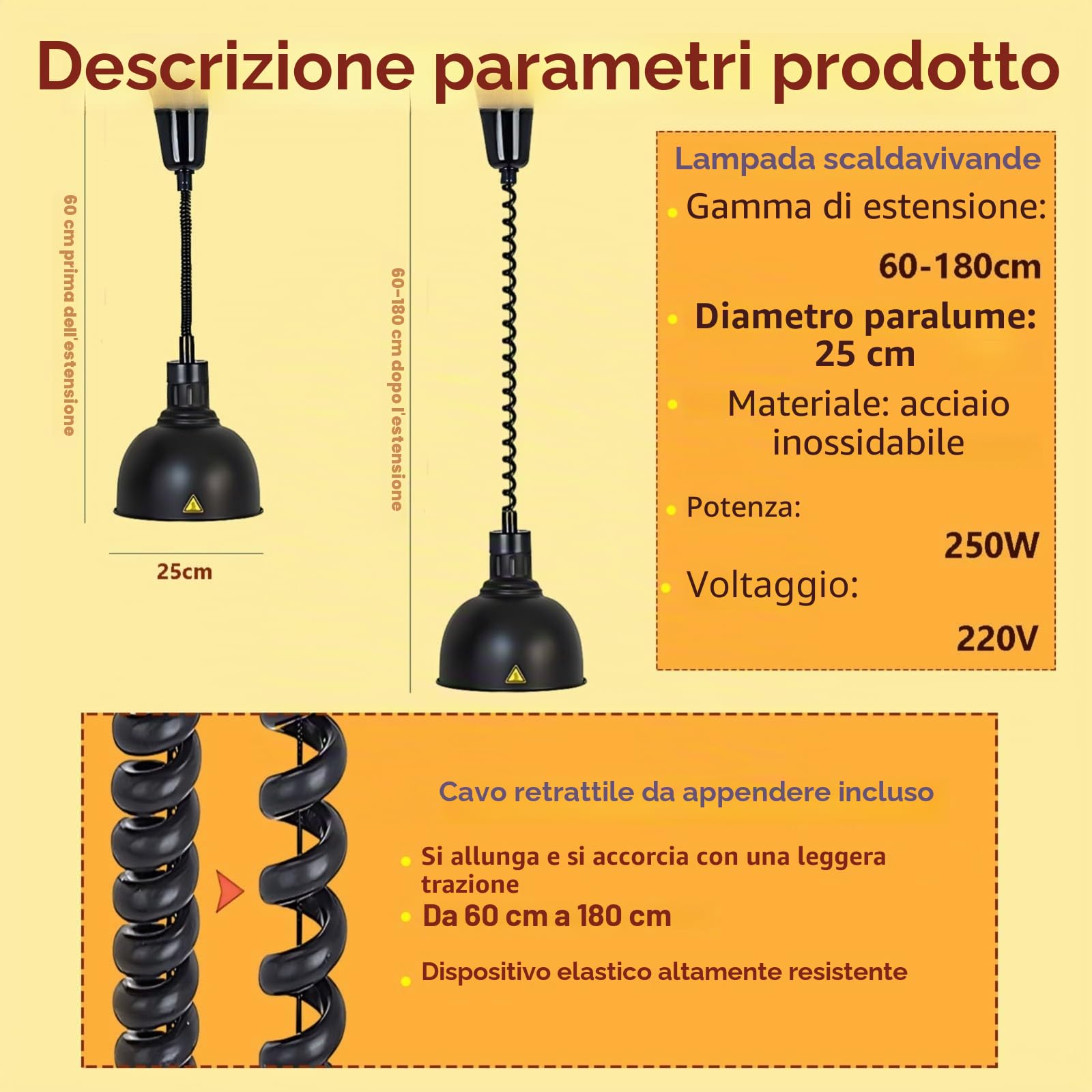Lampada Riscaldante Cucina Regolabile 19cm/25cm Diametro (25cm) | Nero Lampade Scaldavivande Cucina, Sospeso Lampada Riscaldante per Alimenti per Cucine, Buffet e Hotel