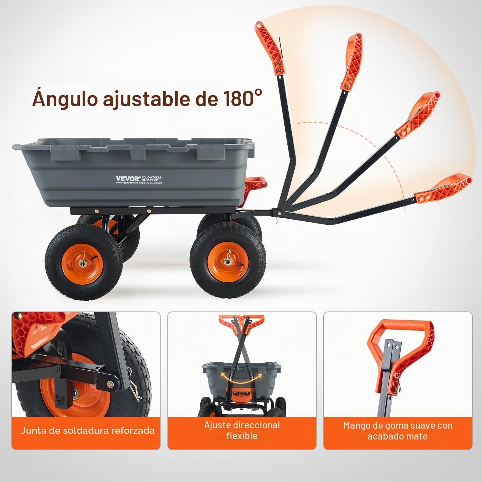 VEVOR Carro Volcador de Polietileno para Jardín con Marco de Acero Fácil de Montar, 2 en 1 Carro Volquete con Mango Convertible con Neumáticos Grandes, 544 kg de Capacidad para Jardín, Patio