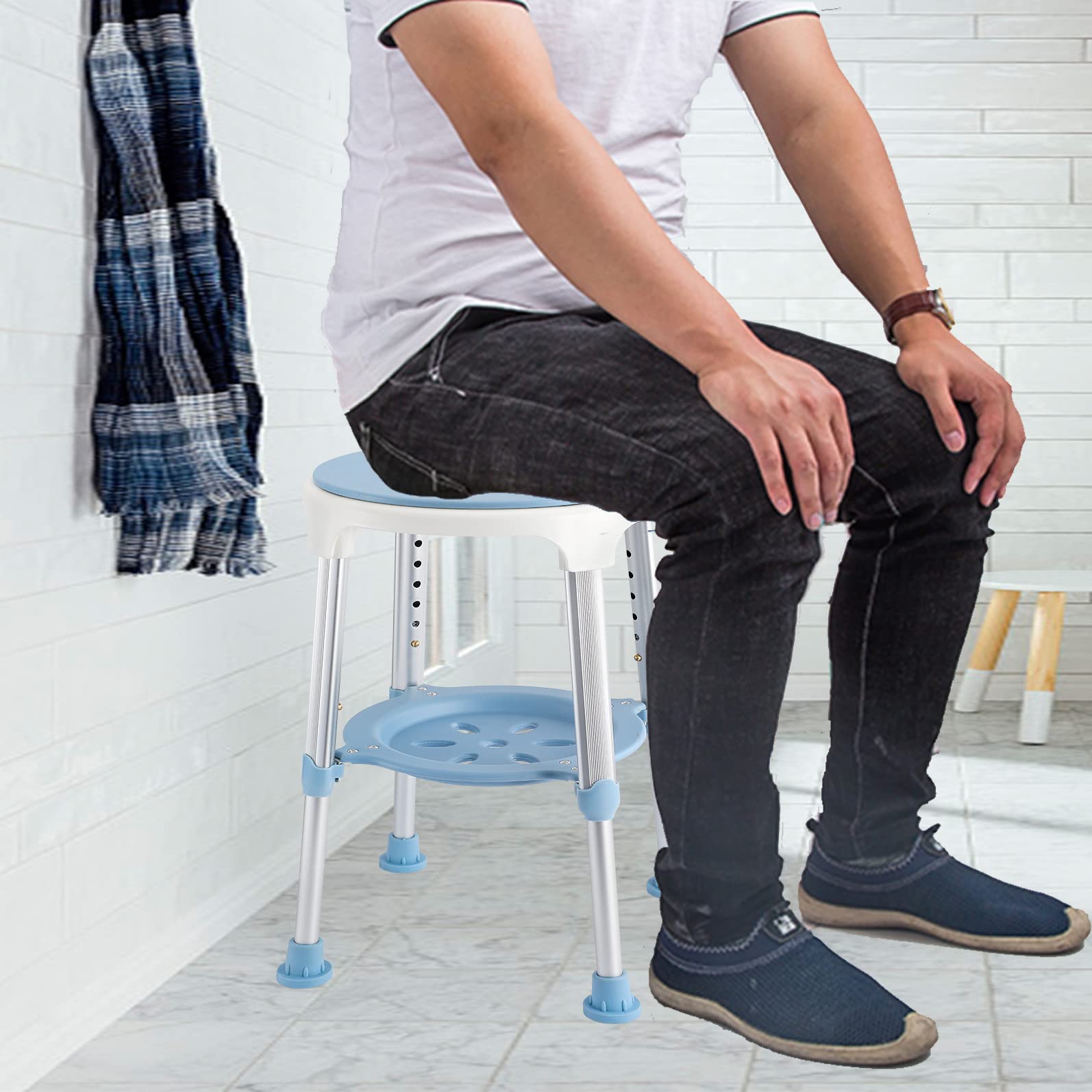 Aufun Taburete de Ducha，Silla Redonda giratoria de 360 Grados, para Personas Mayores Ajustable en Altura, Taburete de baño Antideslizante de 150 kg para Personas Mayores, Mujeres Embarazadas