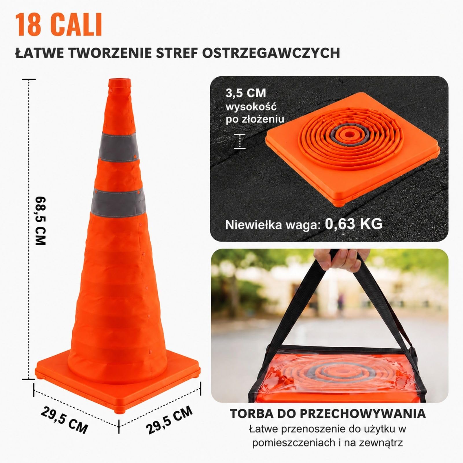4 sztuki składanych pomarańczowych pachołków drogowych z szarymi pasami, szeroką podstawą i torbą do przechowywania