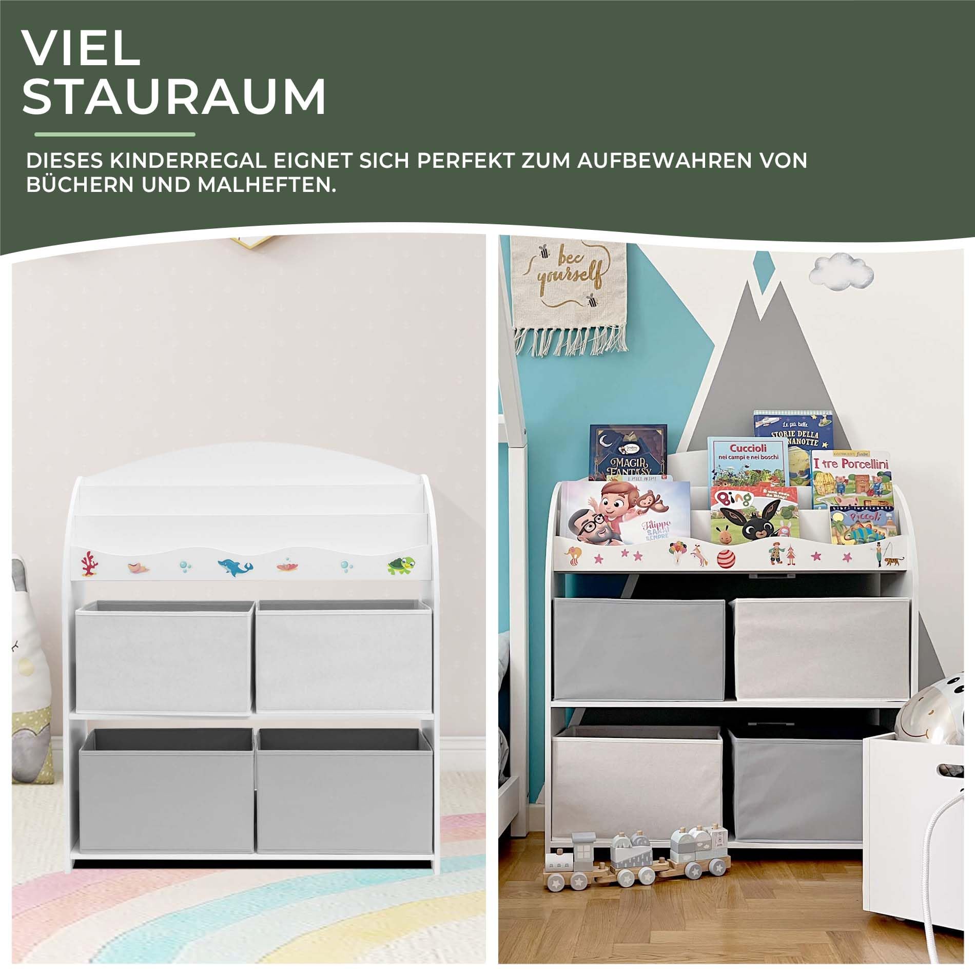 Rebecca Mobili Spielzeugregal, Kinderspielzeugregal, Weiß Grau, MDF TNT, Mit 4 Körben, Für Kinderzimmer - Maße HxBxT: 97,5 x 82,5 x 29,5 cm - Art. RE6846