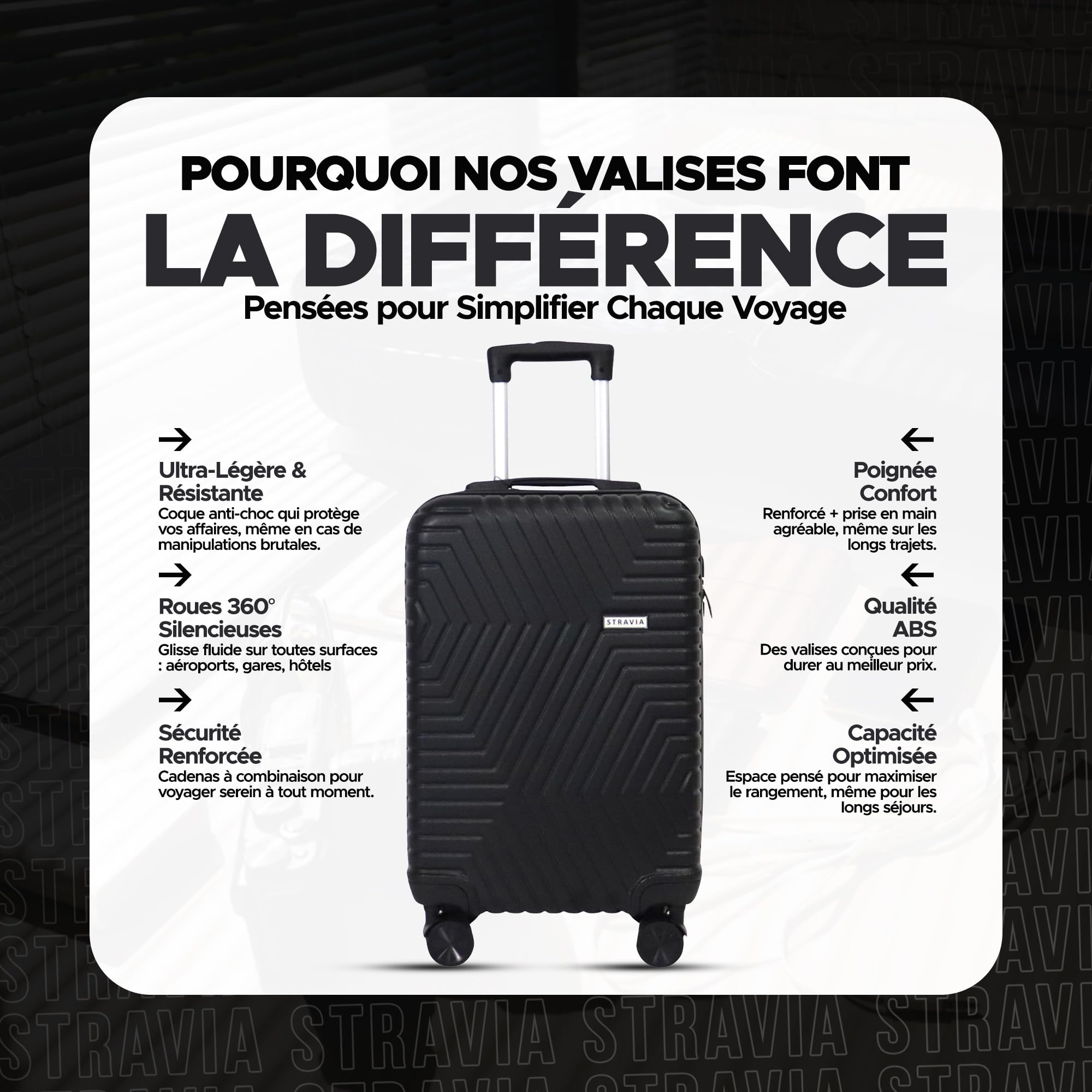 Del – Valise Moyenne 65 cm – ABS Légère et Résistante – Bagage Rigide – Serrure à Code Sécurisée – 4 Roues Double Ultra Fluides – Noir – 65 x 44 x 26 cm