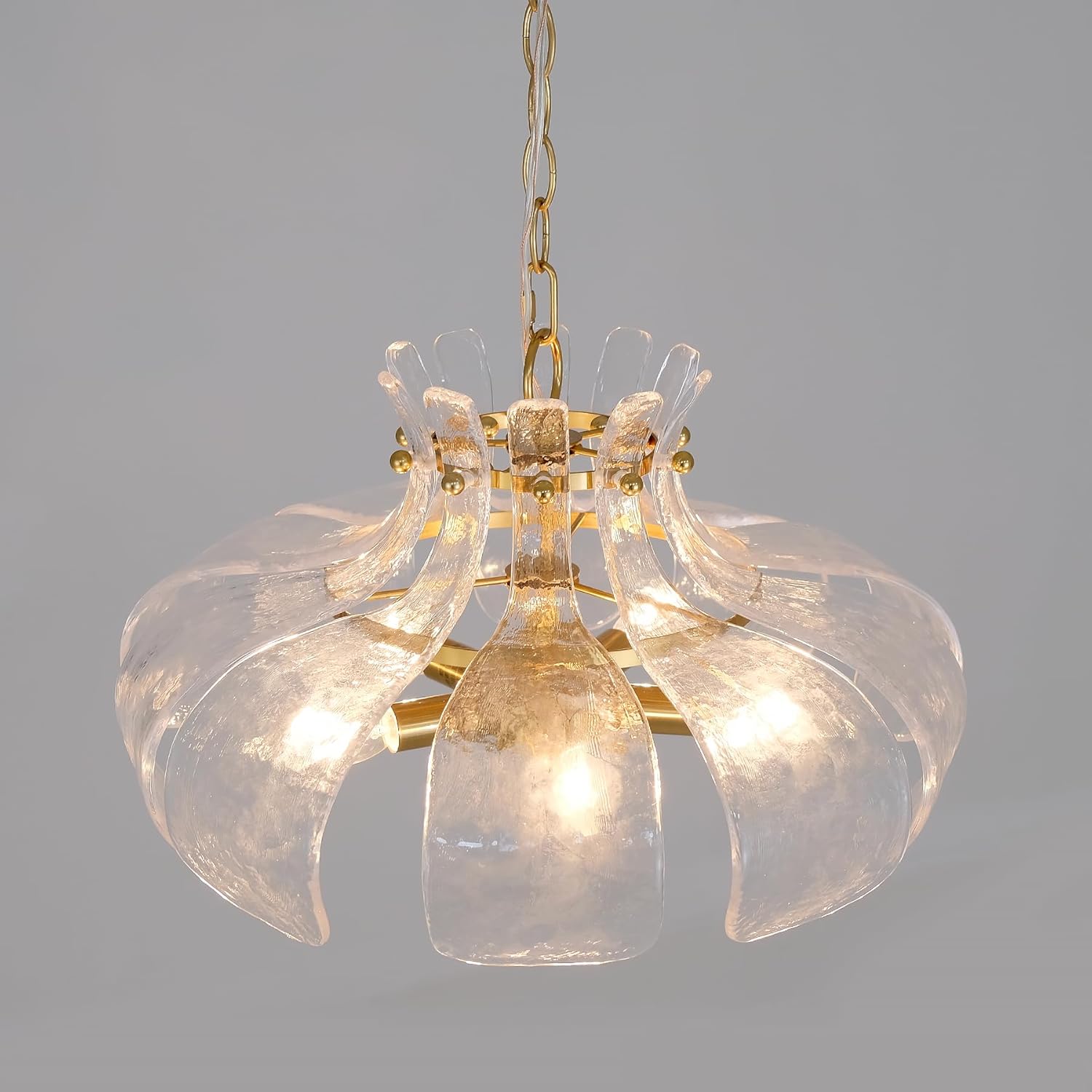 Modern Hammered Glass Chandelier, 18" Luxury Hand-Blown Glass Pendant Brass Gold Hanging Lighting Fixture for Kitchen Island Dining Living Room Entryway, E12 Base (Gold & Clear Hammered Glass)