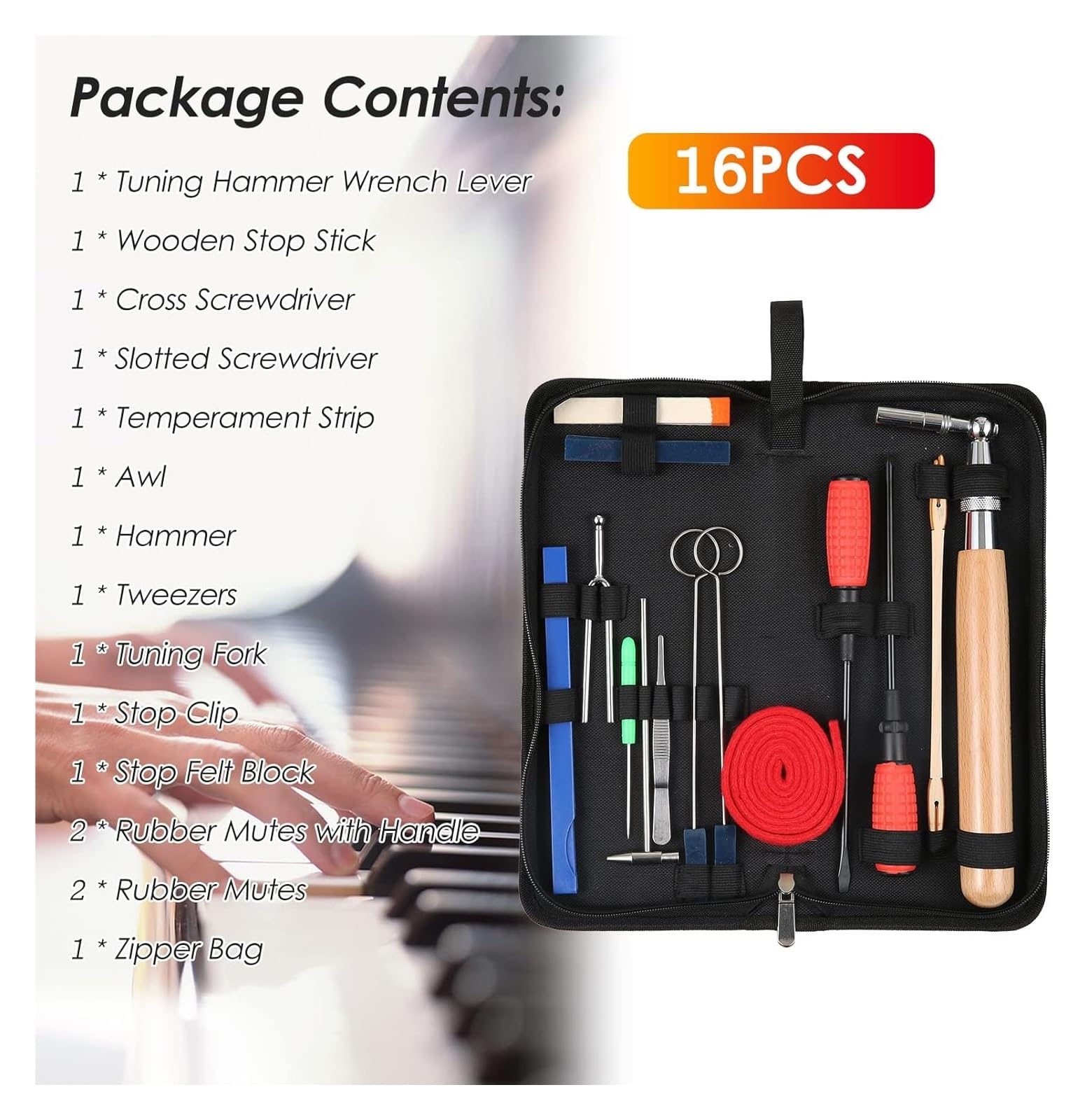 PianoTuningRepairToolsPartsAccessories， Juego de 16 herramientas de afinación, llave de afinación de mango largo, sordina de goma, destornillador, pinzas, martillo, tira de fieltro con temperamento, h