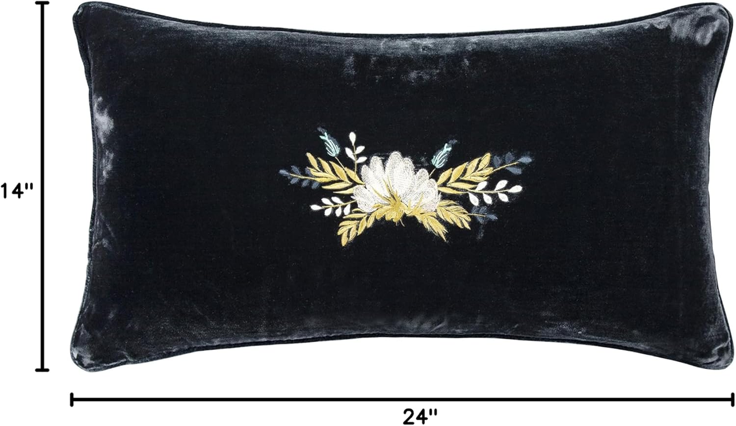 HiEnd Accents Stella Faux Silk Velvet Embroidered Lumbar Pillow, 14x24 inch, Saffron, Romantic Western Modern Traditional Style Luxury Bedding, Decorative Throw Pillow