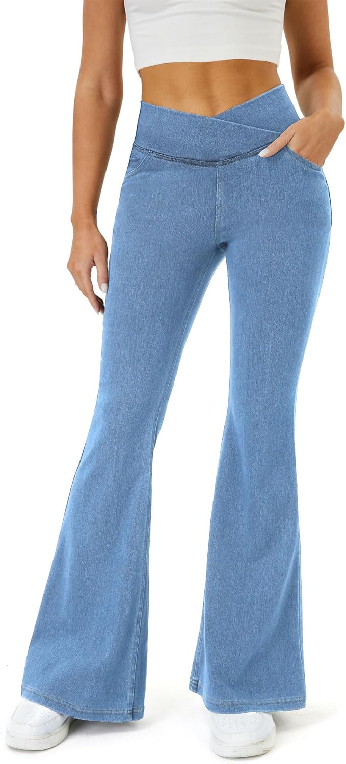 Bell Bottom Jeans for Women Trendy Crossover Stretchy Jeans Flare Leggings with Pockets Y2k Butt Lifting Jeggings