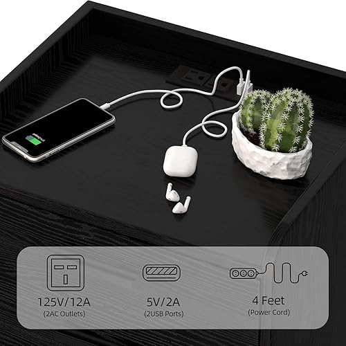 Miniatura 5 de Mesas de noche, mesita de noche LED con estación de carga, mesa auxiliar pequeña de madera con cajón para dormitorio, sala de estar, color negro