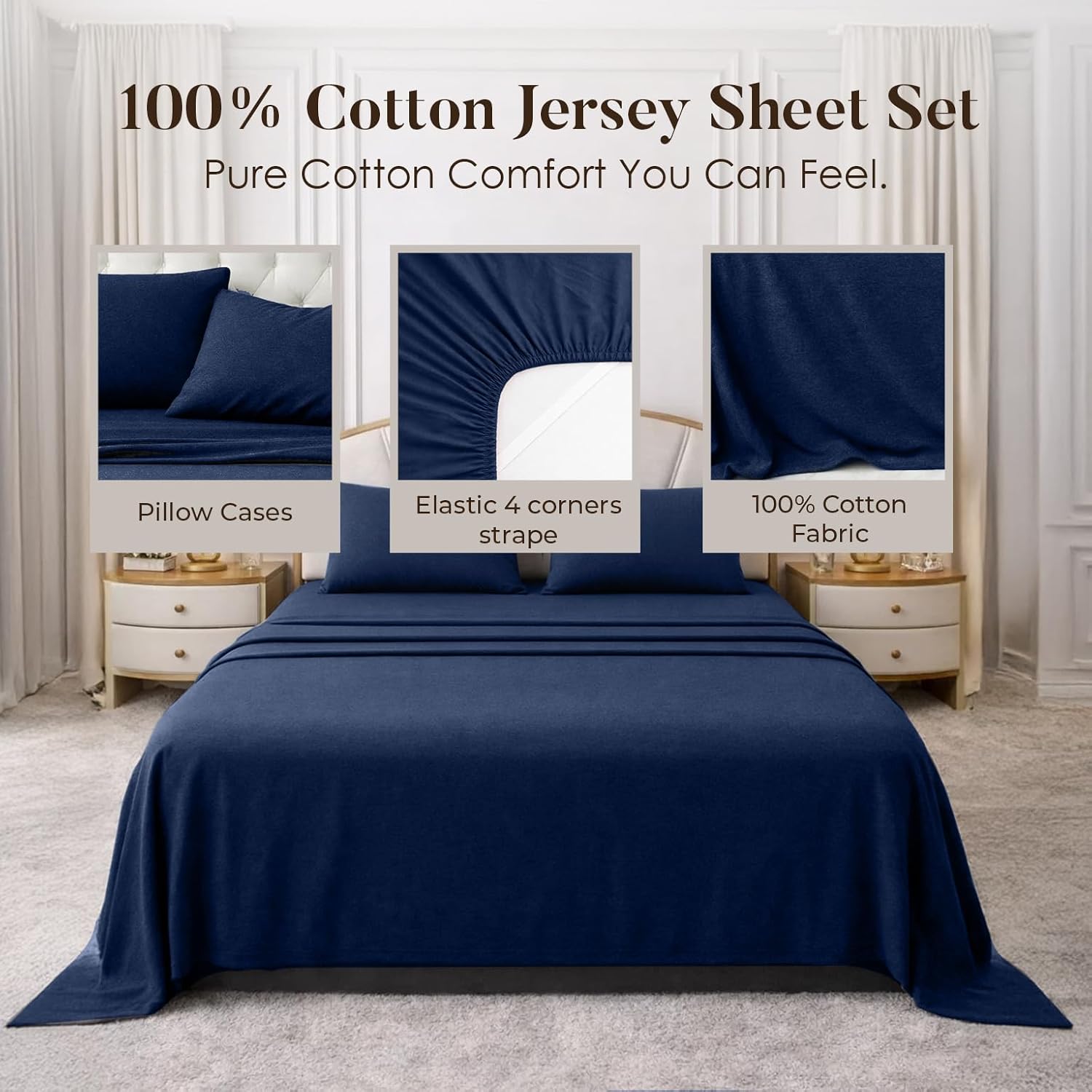 DAN RIVER California King Sheet Set Soft 100% Cotton T-Shirt Sheets Deep Pocket Jersey Knit Bed Sheets, 4-Piece Bedding Set for All-Season Comfort Navy